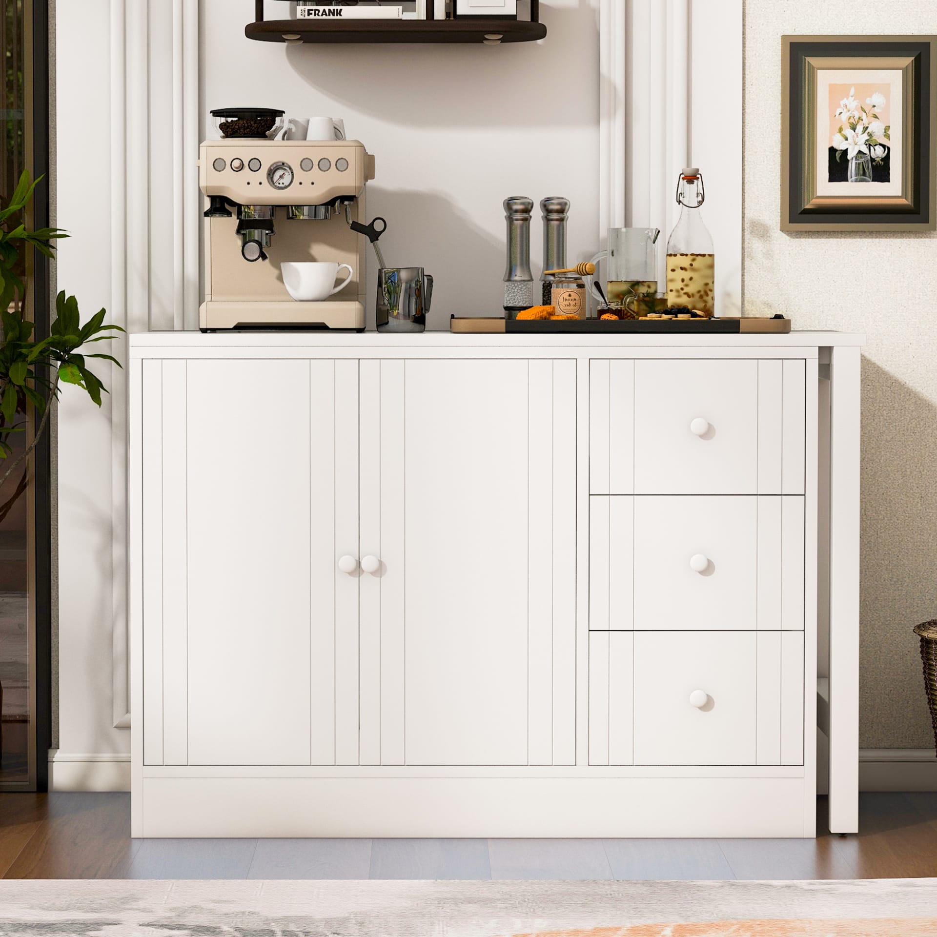 U-STYLE 89.7 Wooden Sideboard With Extendable Table Multifunctional Storage Cabinet With 2 Doors And 3 Drawers For Living Room Study Foyer And Kitchen view 3