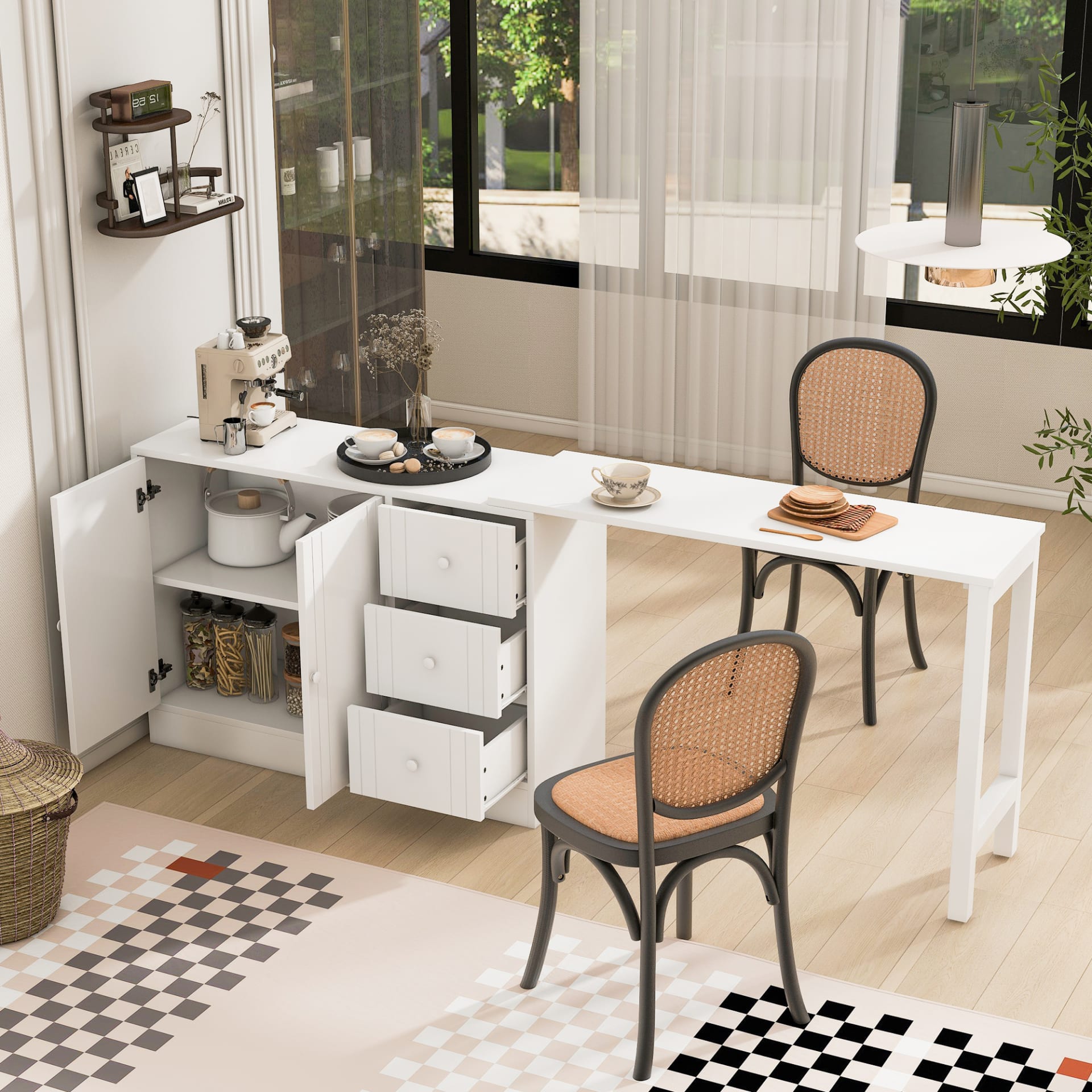 U-STYLE 89.7 Wooden Sideboard With Extendable Table Multifunctional Storage Cabinet With 2 Doors And 3 Drawers For Living Room Study Foyer And Kitchen view 2