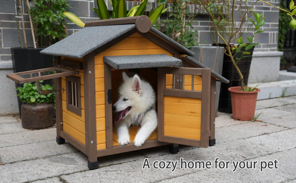45 Inch Solid Wood Dog House, Cozy Outdoor Shelter For Medium & Small Dogs With Lockable Ventilated Door, Waterproof Insulated Felt Roof & Charming Design view 1
