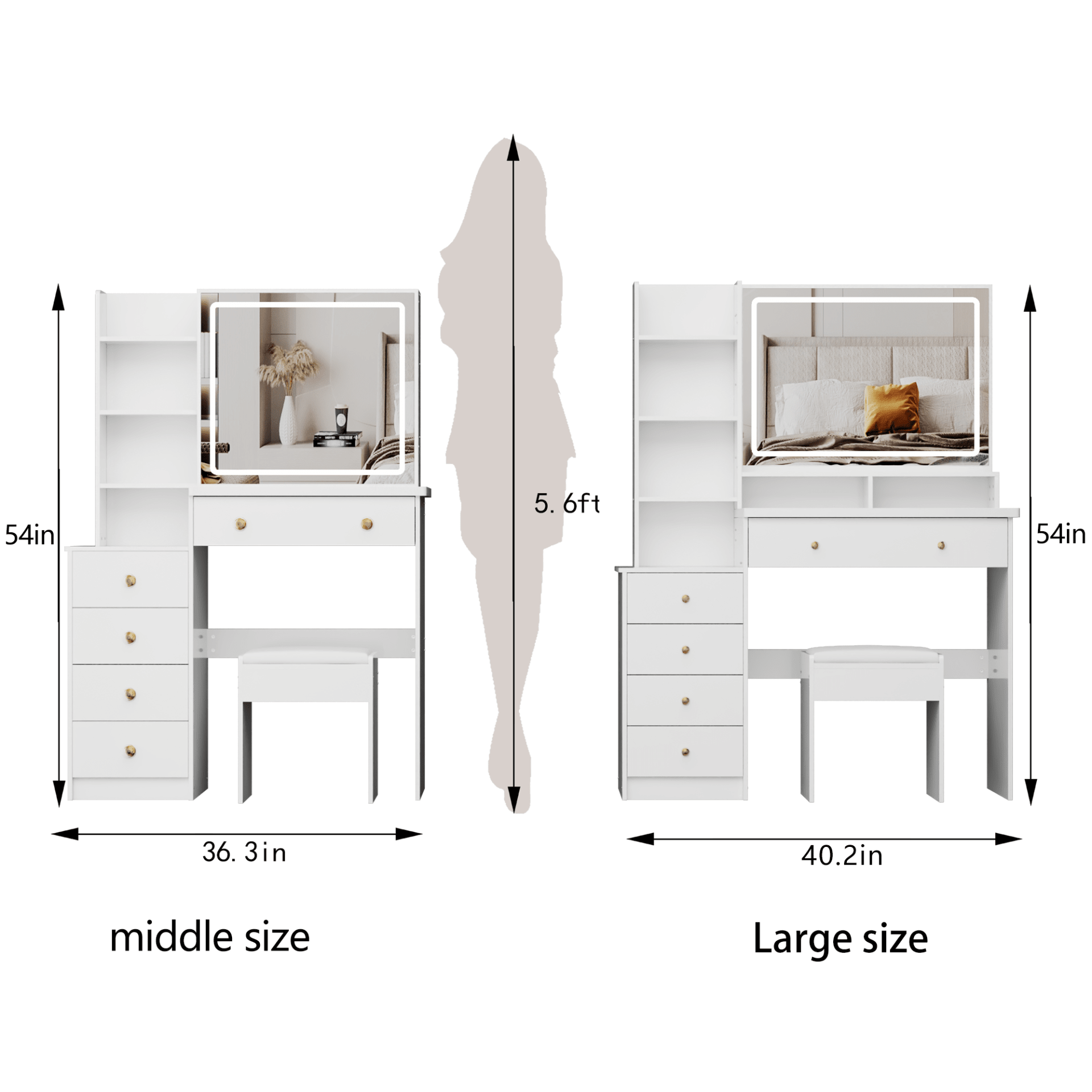 41  Large Sized Bedside Cabinet Vanity Table   Cushioned Stool, Extra Large Touch Control LED Mirror, 3-color Switch, Multi Layer High Capacity Storage Fashionable Dresser, EPA, GCC, UL Certificate view 5