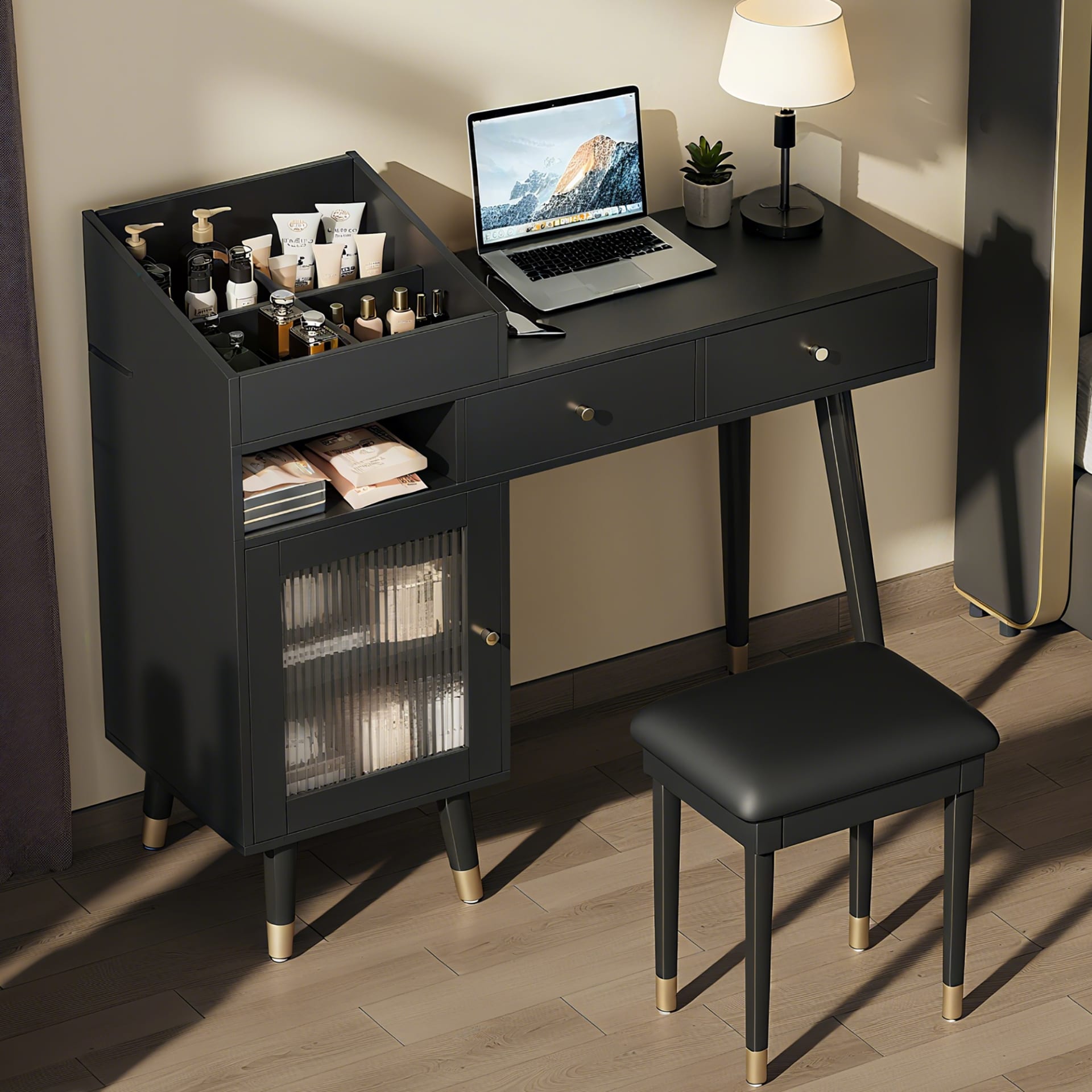 Modern Makeup Vanity Desk With Drawers, Cabinet & Charging Port, Space-saving Dressing Table Set With Stool For Small Places, Black view 5