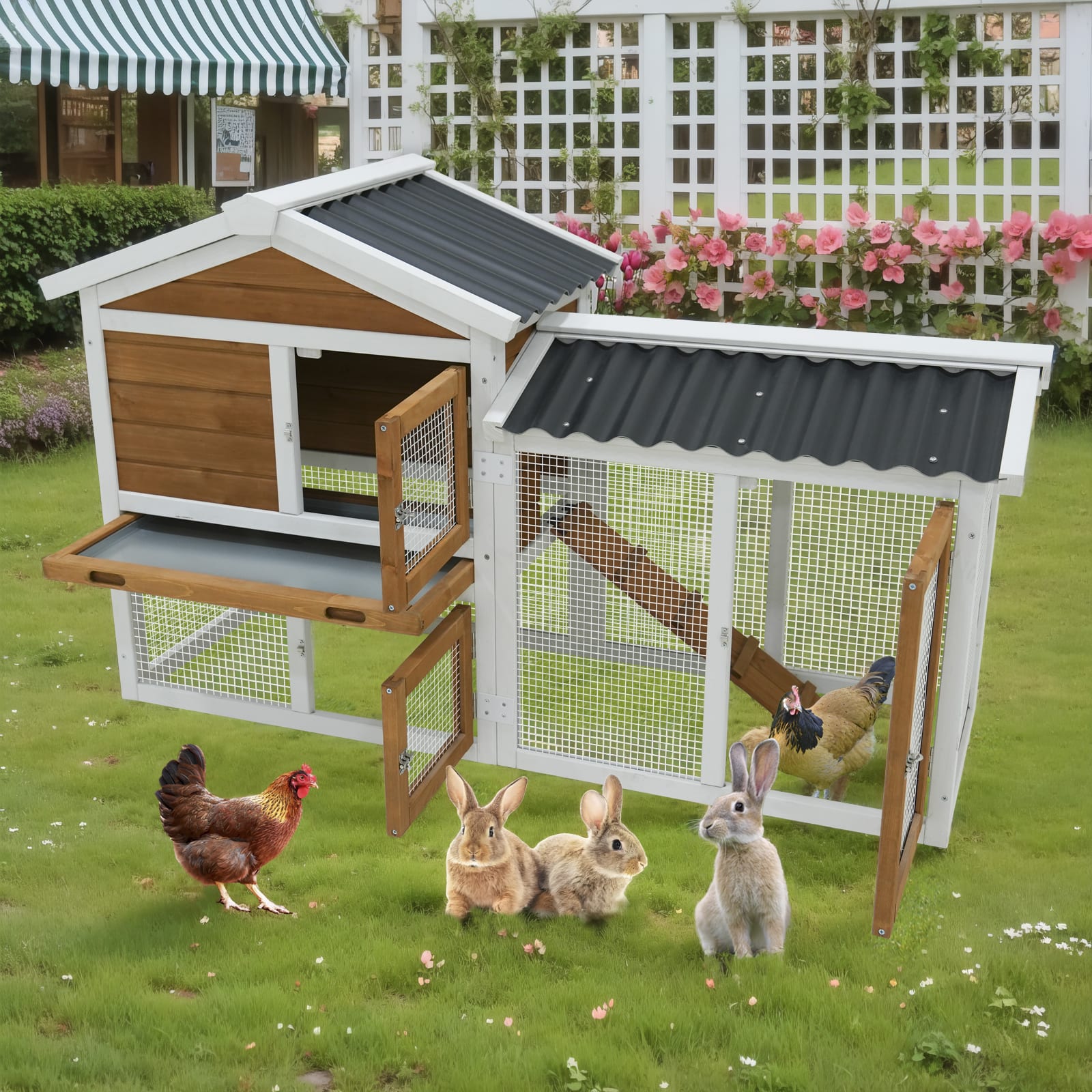 58  Wooden Outdoor Indoor Roof Waterproof Bunny Hutch Rabbit Cage Guinea Pig Coop PET House For Small To Medium Animals With Stairs And Cleaning Tray view 3