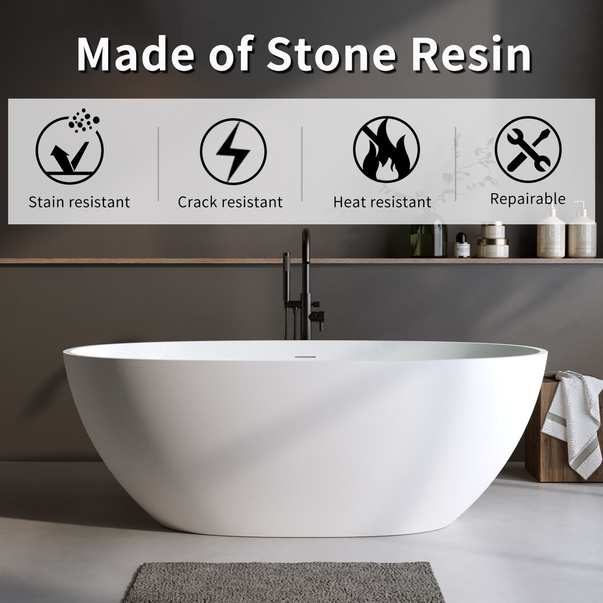 59'' Solid Surface Matte Tub, Solid Surface Soaking Tub, Stone Resin Freestanding Bathtub, Thick Edge Stand Alone Tubs With Overflow, Pop-up Drain, Matte White  Oval view 5