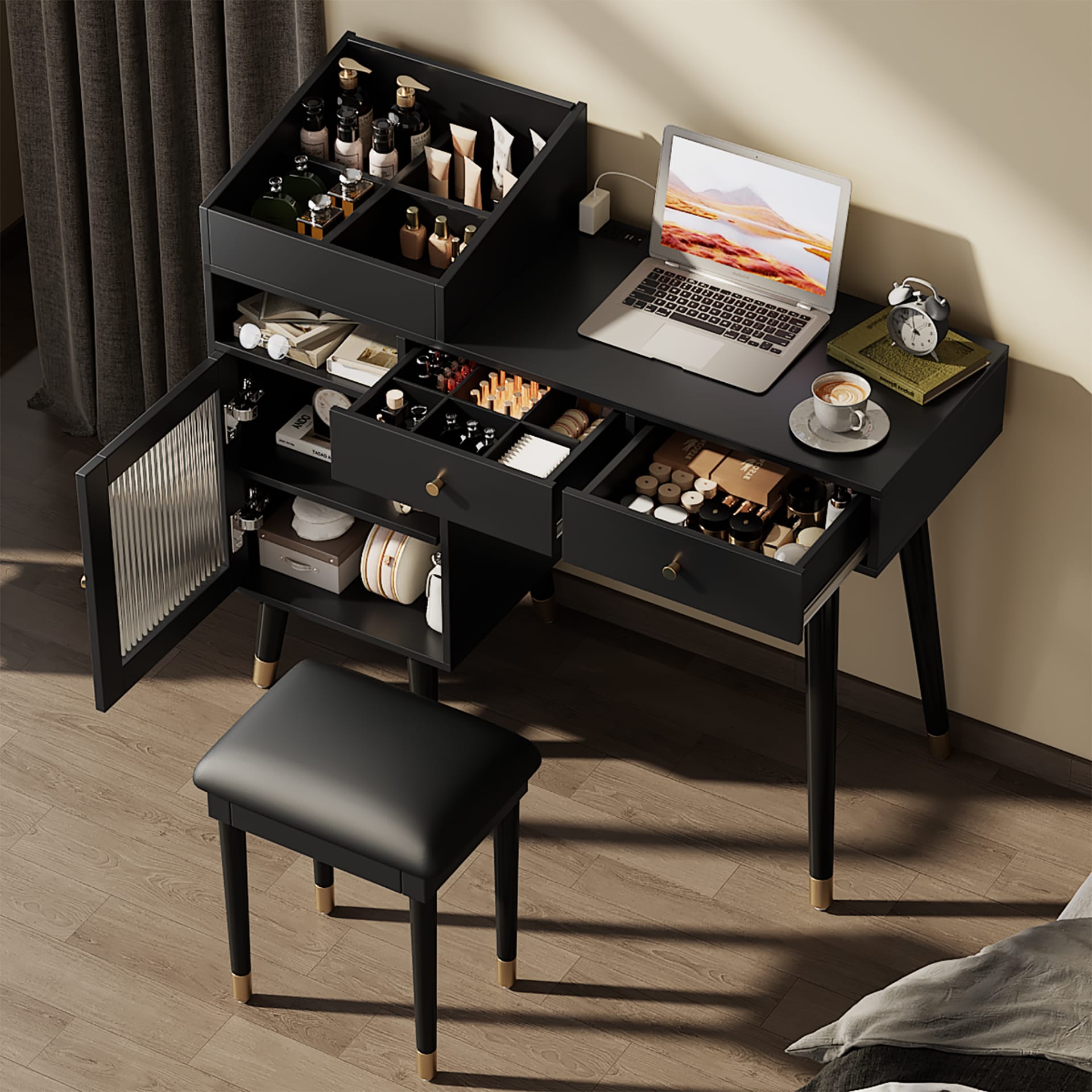 Modern Makeup Vanity Desk With Drawers, Cabinet & Charging Port, Space-saving Dressing Table Set With Stool For Small Places, Black view 3