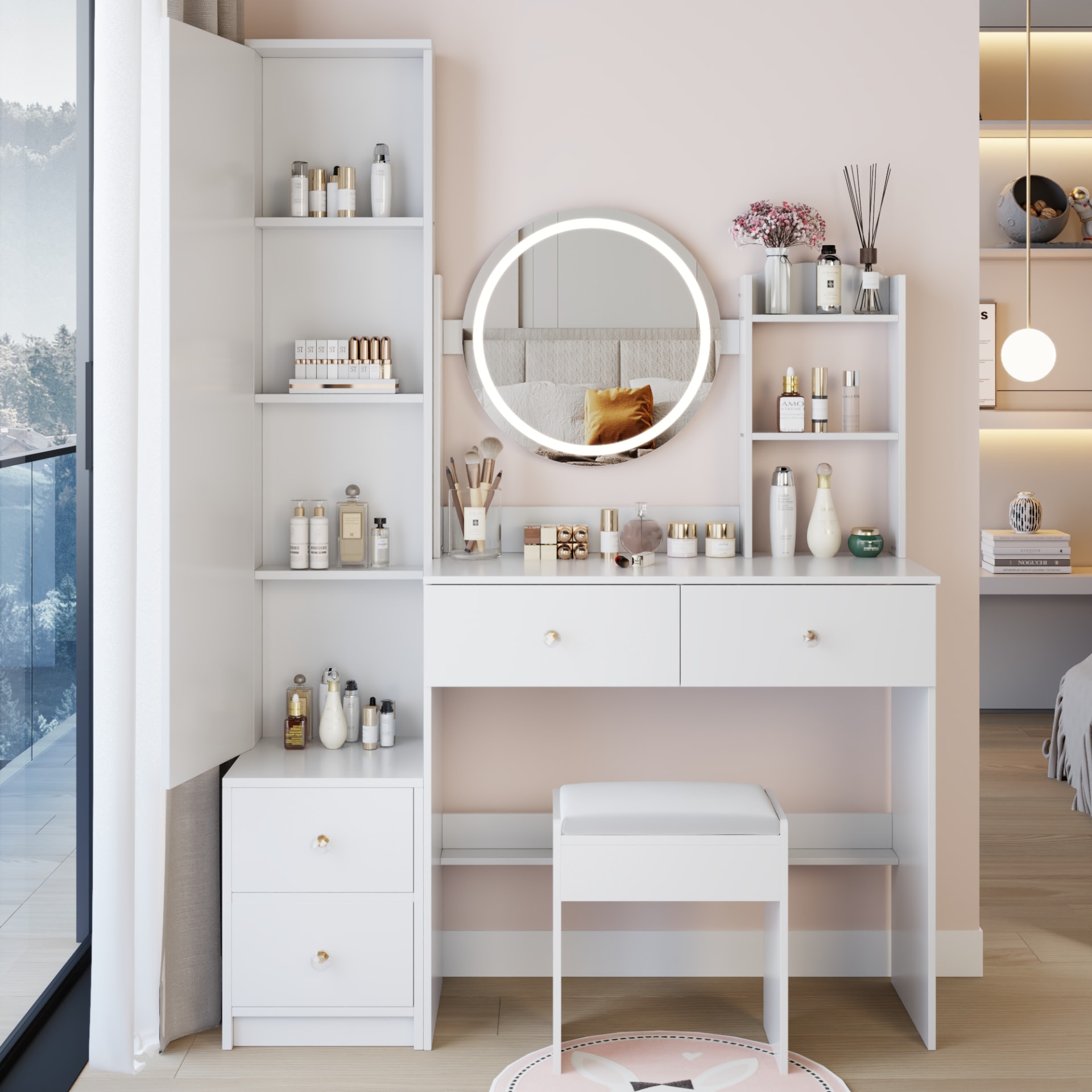 Full Body Mirror Cabinet   Round Mirror LED Vanity Table   Cushioned Stool, 17  Diameter LED Mirror, Touch Control, 3-color, Brightness Adjustable, Large Desktop, Multi-layer High Capacity Storage view 3