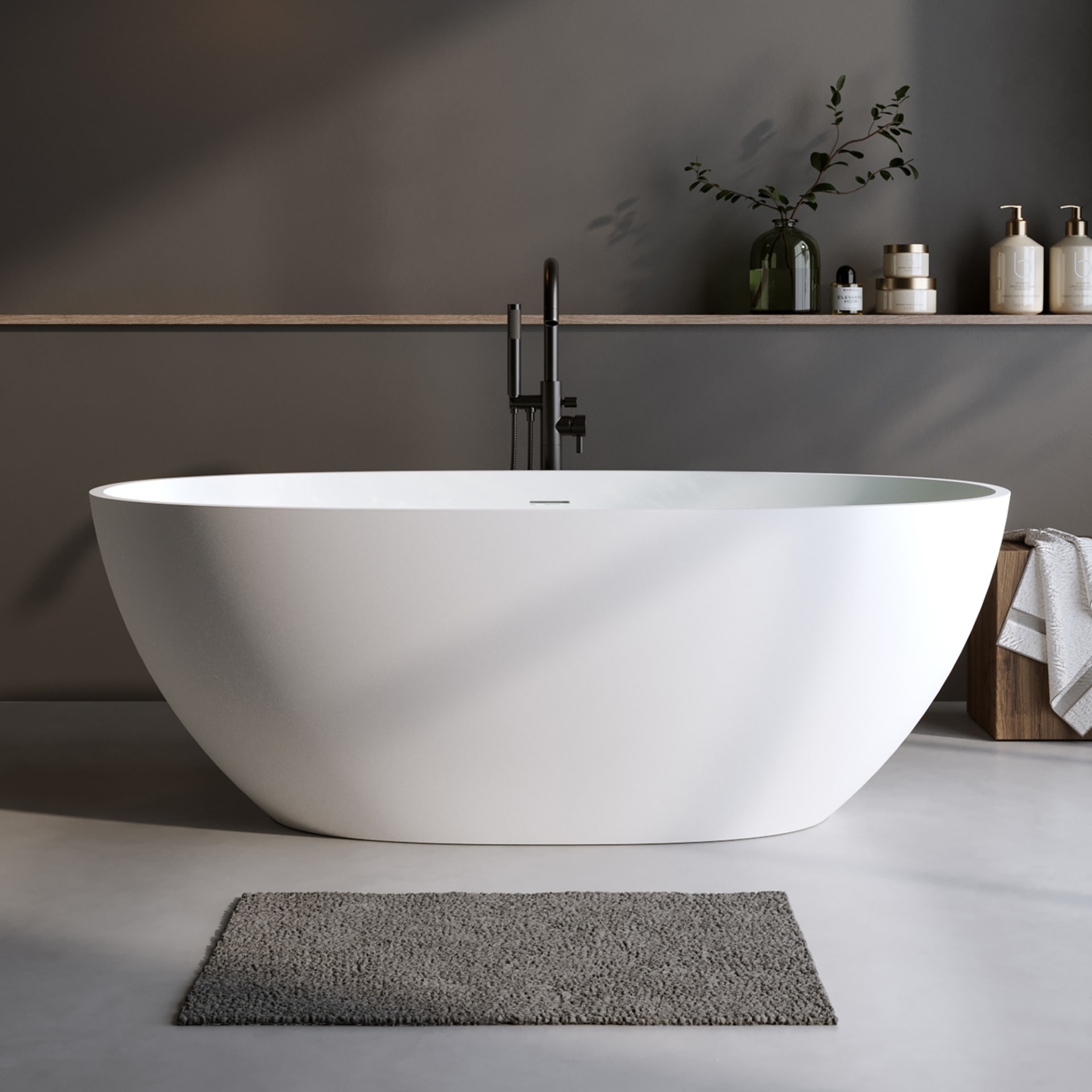 59'' Solid Surface Matte Tub, Solid Surface Soaking Tub, Stone Resin Freestanding Bathtub, Thick Edge Stand Alone Tubs With Overflow, Pop-up Drain, Matte White  Oval view 4