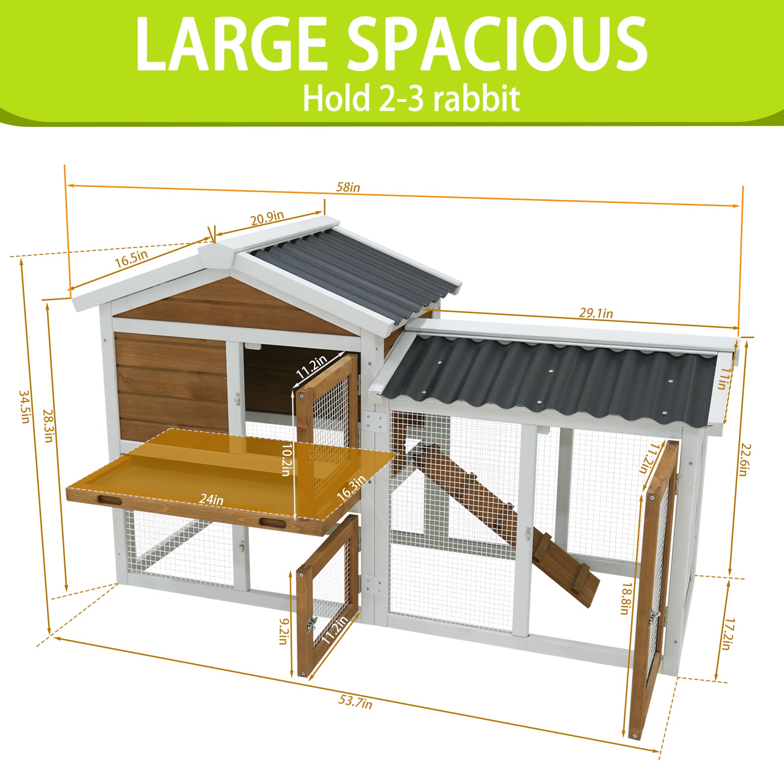 58  Wooden Outdoor Indoor Roof Waterproof Bunny Hutch Rabbit Cage Guinea Pig Coop PET House For Small To Medium Animals With Stairs And Cleaning Tray view 1