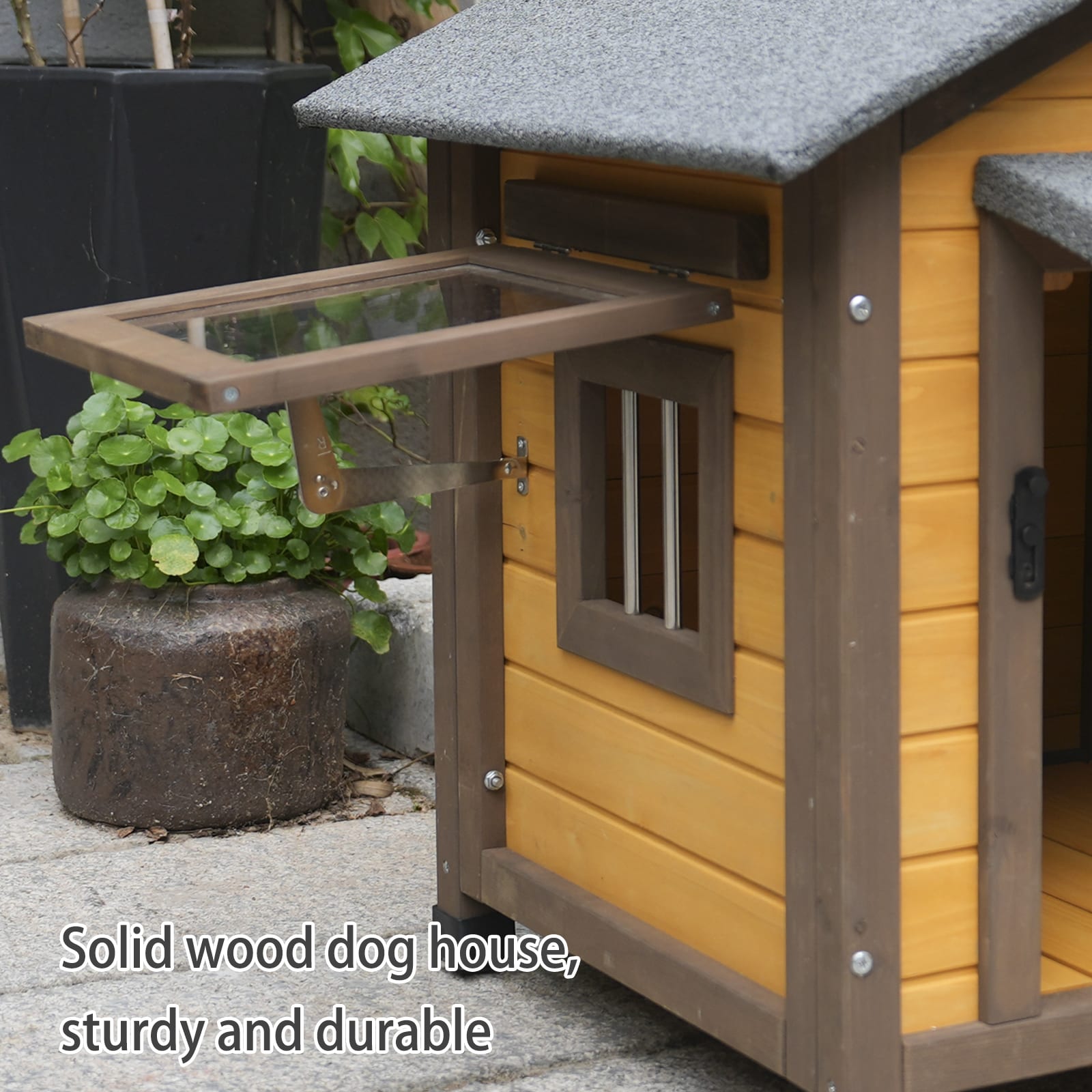 45 Inch Solid Wood Dog House, Cozy Outdoor Shelter For Medium & Small Dogs With Lockable Ventilated Door, Waterproof Insulated Felt Roof & Charming Design view 5
