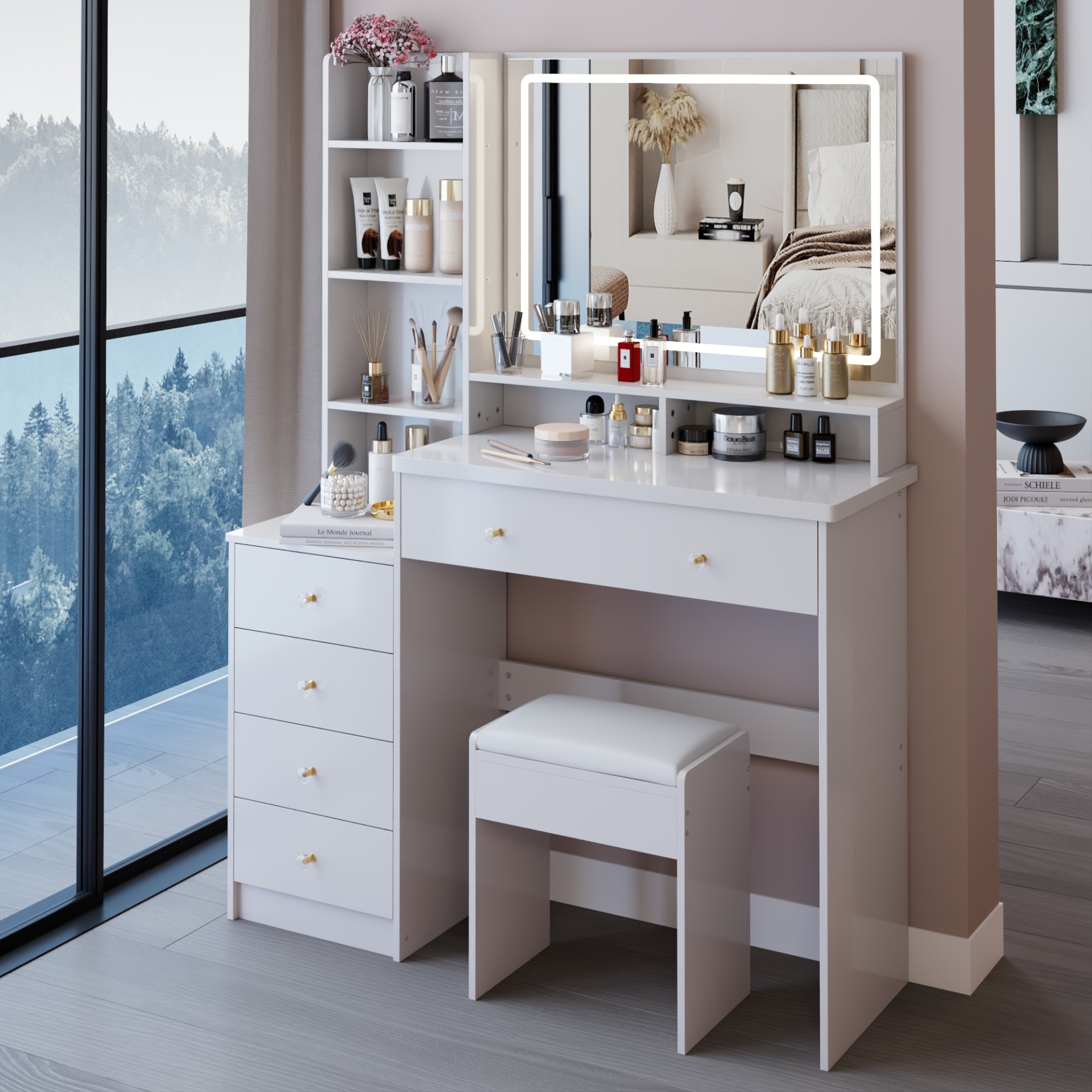 41  Large Sized Bedside Cabinet Vanity Table   Cushioned Stool, Extra Large Touch Control LED Mirror, 3-color Switch, Multi Layer High Capacity Storage Fashionable Dresser, EPA, GCC, UL Certificate view 3