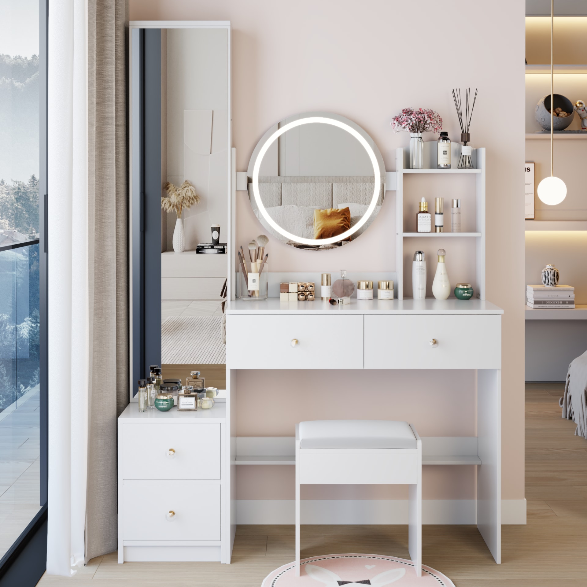 Full Body Mirror Cabinet   Round Mirror LED Vanity Table   Cushioned Stool, 17  Diameter LED Mirror, Touch Control, 3-color, Brightness Adjustable, Large Desktop, Multi-layer High Capacity Storage view 5
