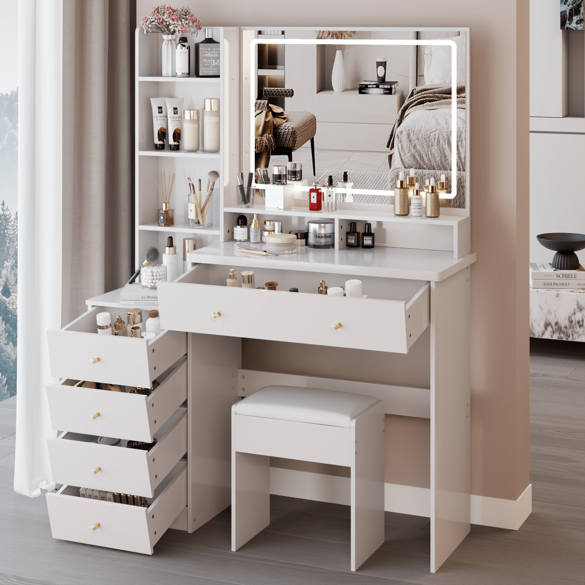 41  Large Sized Bedside Cabinet Vanity Table   Cushioned Stool, Extra Large Touch Control LED Mirror, 3-color Switch, Multi Layer High Capacity Storage Fashionable Dresser, EPA, GCC, UL Certificate view 2