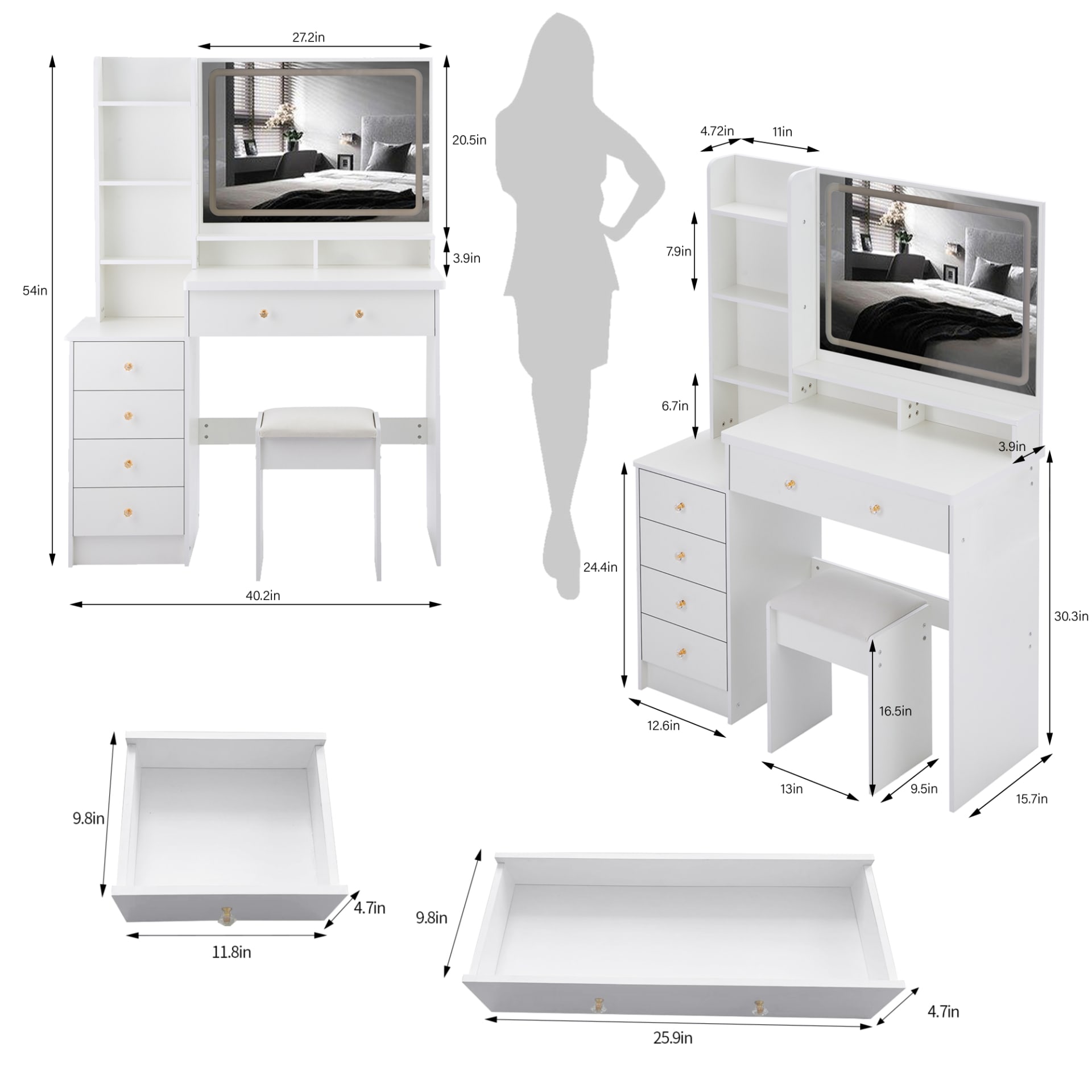 41  Large Sized Bedside Cabinet Vanity Table   Cushioned Stool, Extra Large Touch Control LED Mirror, 3-color Switch, Multi Layer High Capacity Storage Fashionable Dresser, EPA, GCC, UL Certificate view 4