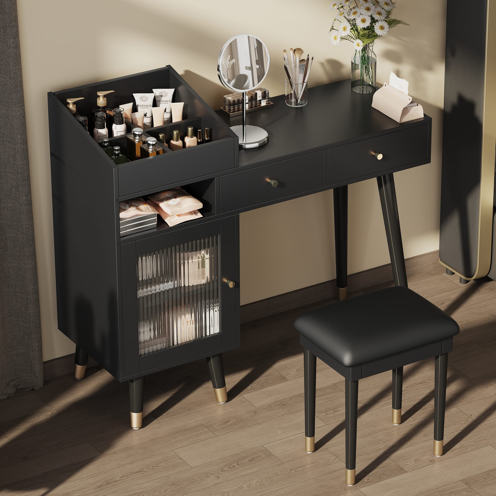 Modern Makeup Vanity Desk With Drawers, Cabinet & Charging Port, Space-saving Dressing Table Set With Stool For Small Places, Black