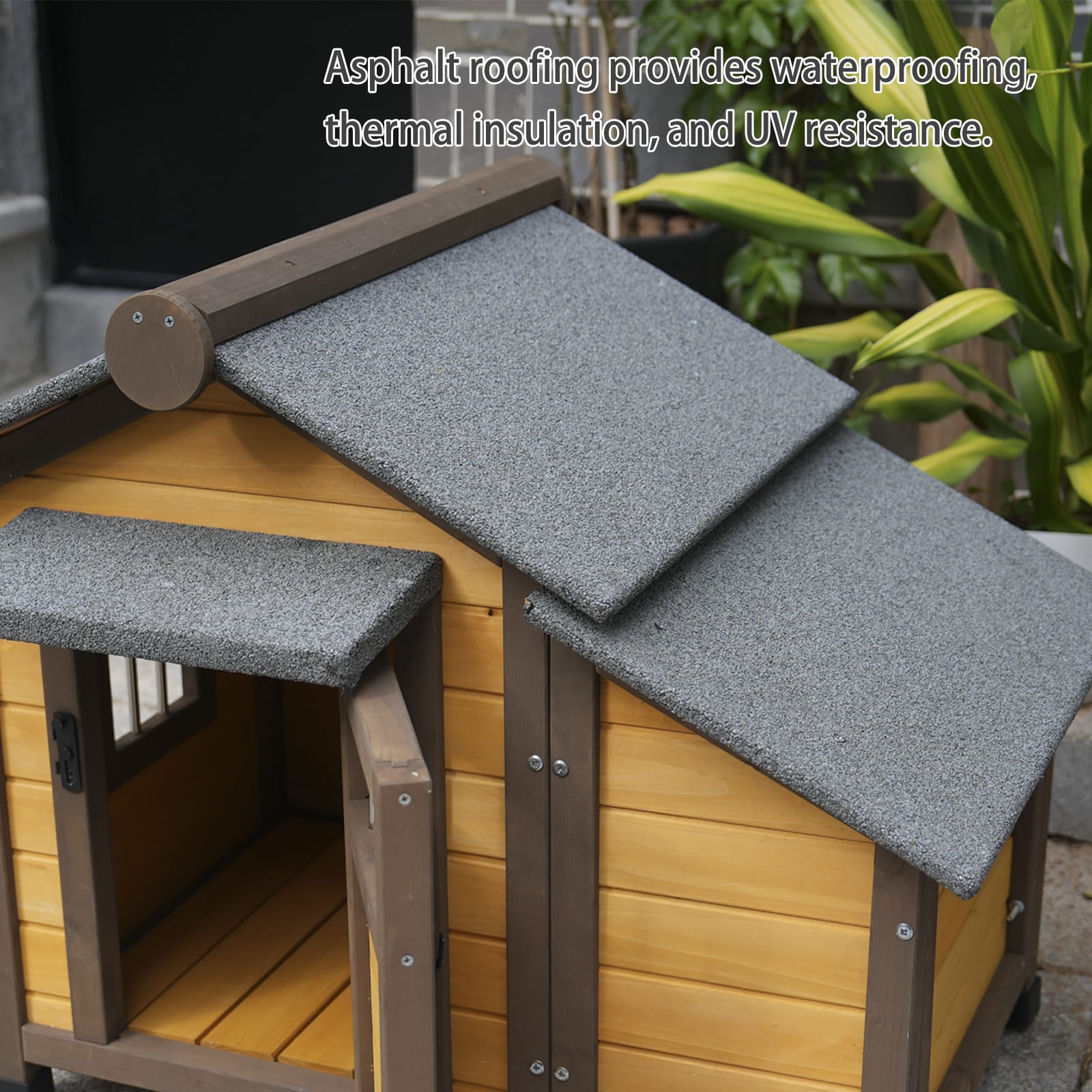 45 Inch Solid Wood Dog House, Cozy Outdoor Shelter For Medium & Small Dogs With Lockable Ventilated Door, Waterproof Insulated Felt Roof & Charming Design view 4