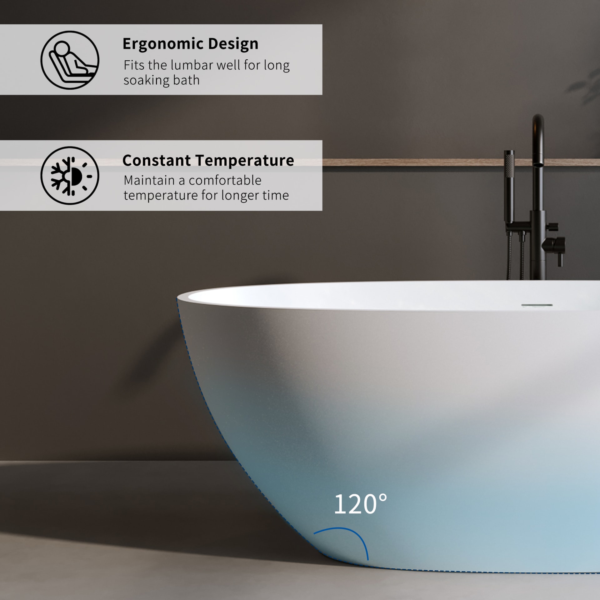 59'' Solid Surface Matte Tub, Solid Surface Soaking Tub, Stone Resin Freestanding Bathtub, Thick Edge Stand Alone Tubs With Overflow, Pop-up Drain, Matte White Oval