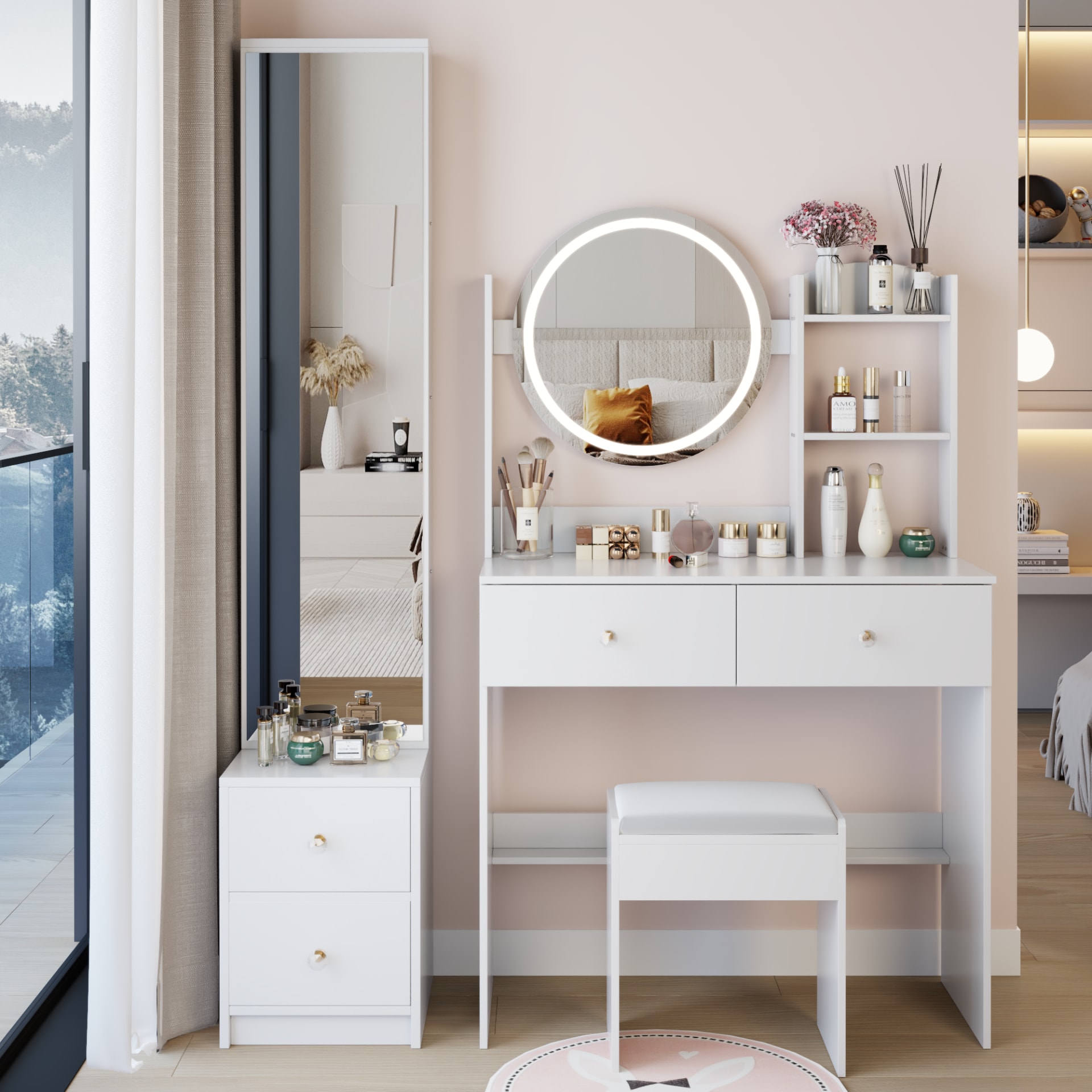 Full Body Mirror Cabinet   Round Mirror LED Vanity Table   Cushioned Stool, 17  Diameter LED Mirror, Touch Control, 3-color, Brightness Adjustable, Large Desktop, Multi-layer High Capacity Storage view 4