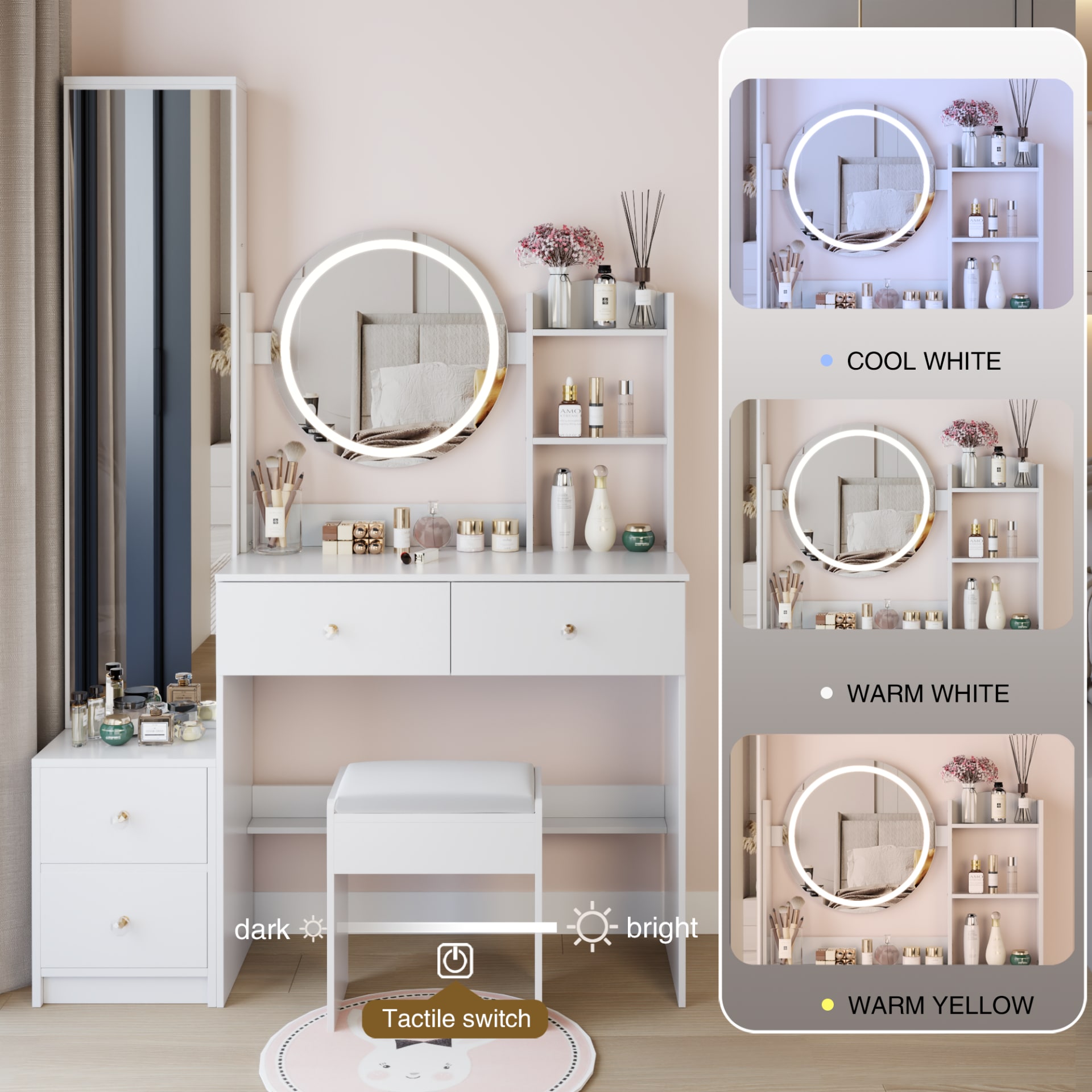 Full Body Mirror Cabinet   Round Mirror LED Vanity Table   Cushioned Stool, 17  Diameter LED Mirror, Touch Control, 3-color, Brightness Adjustable, Large Desktop, Multi-layer High Capacity Storage view 1