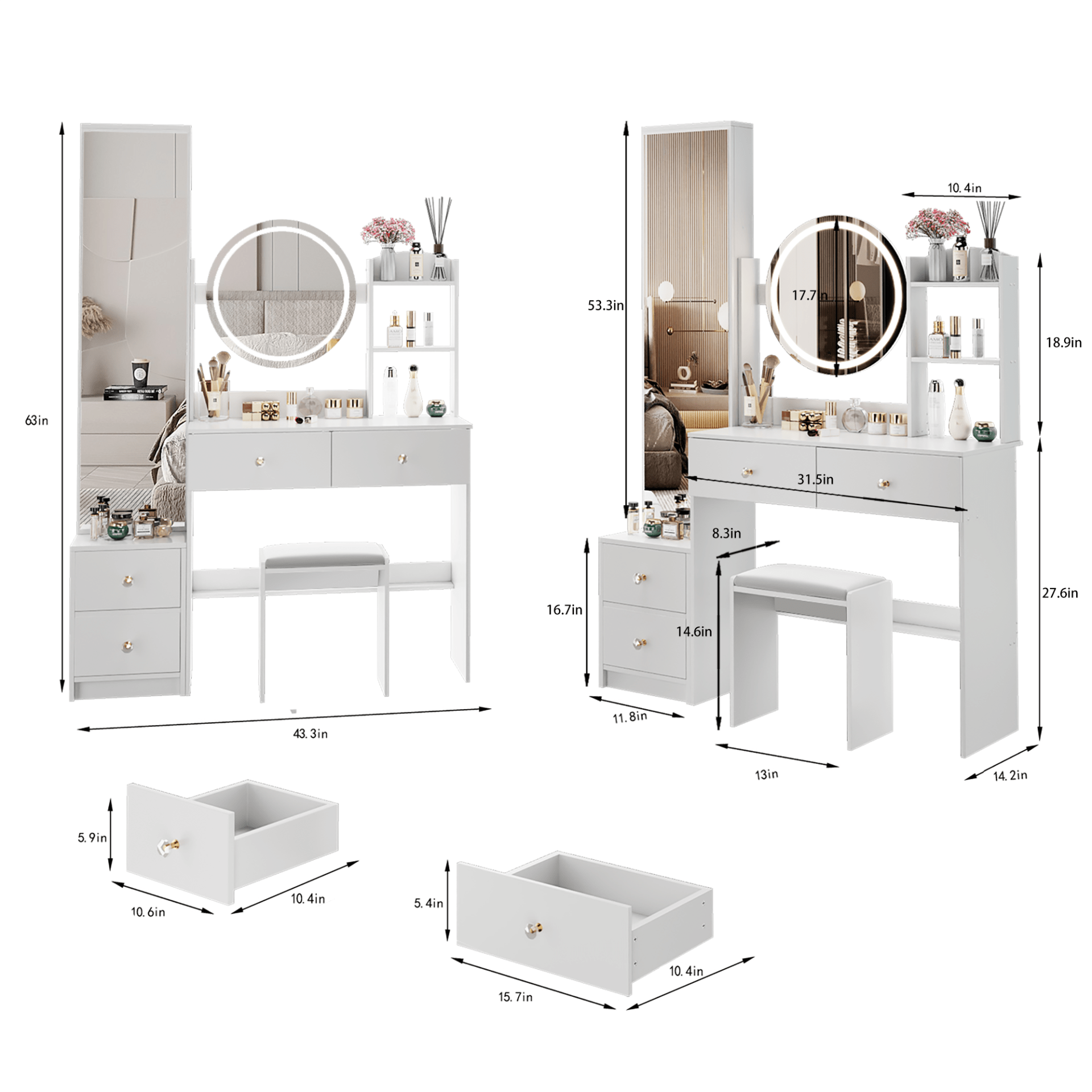 Full Body Mirror Cabinet   Round Mirror LED Vanity Table   Cushioned Stool, 17  Diameter LED Mirror, Touch Control, 3-color, Brightness Adjustable, Large Desktop, Multi-layer High Capacity Storage view 2