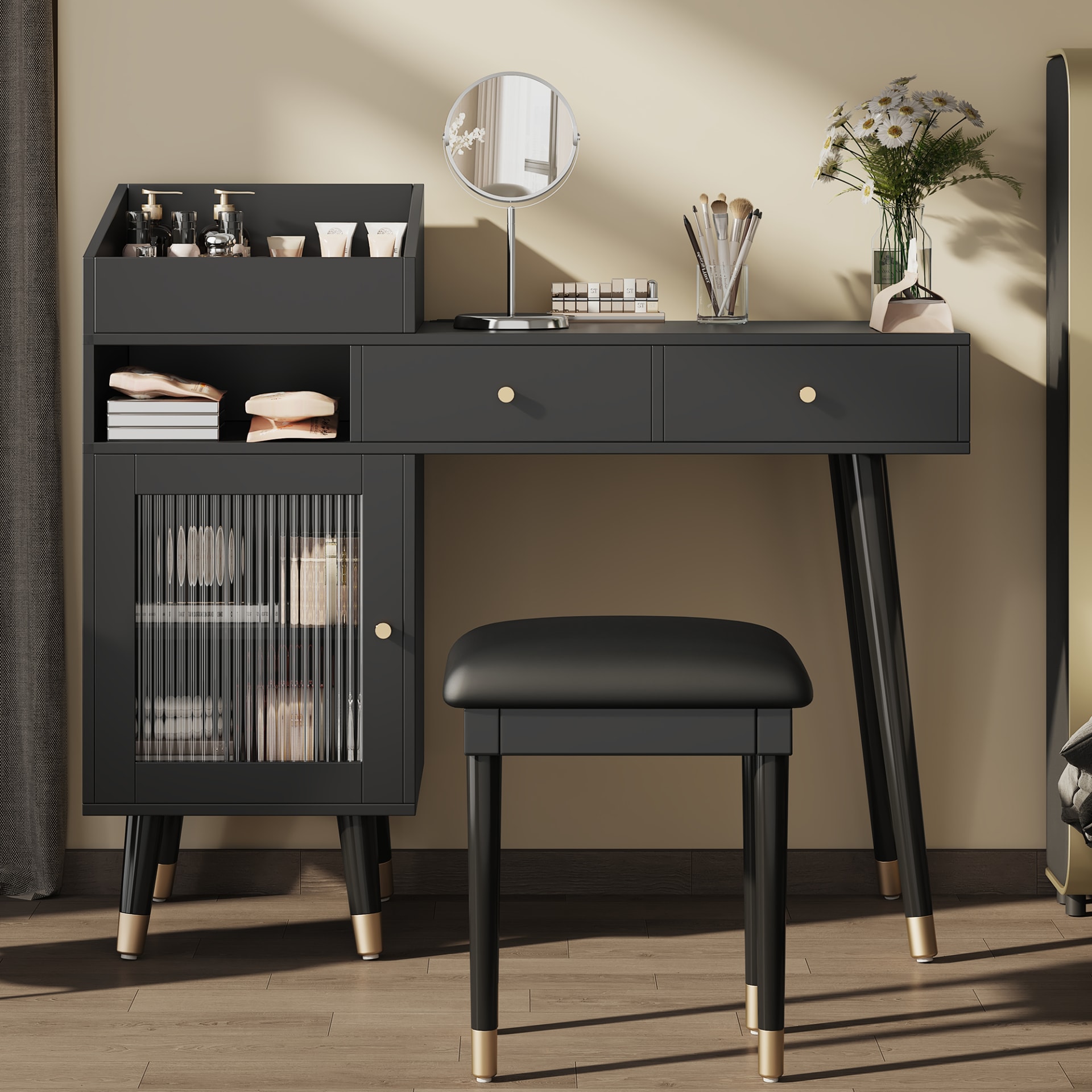 Modern Makeup Vanity Desk With Drawers, Cabinet & Charging Port, Space-saving Dressing Table Set With Stool For Small Places, Black view 2