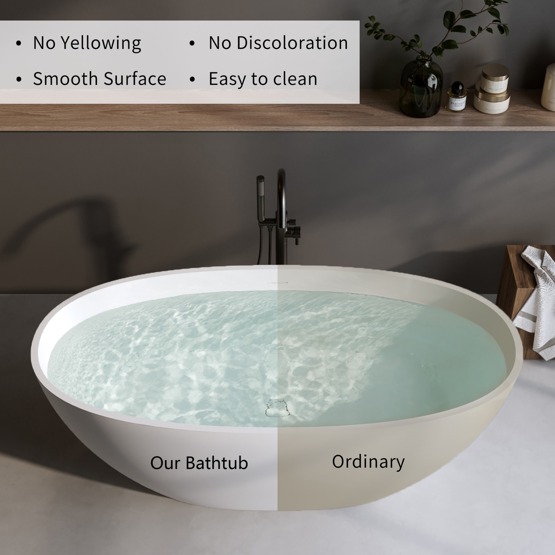 59'' Solid Surface Matte Tub, Solid Surface Soaking Tub, Stone Resin Freestanding Bathtub, Thick Edge Stand Alone Tubs With Overflow, Pop-up Drain, Matte White  Oval view 3