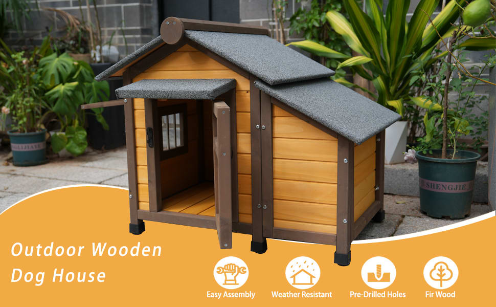 45 Inch Solid Wood Dog House, Cozy Outdoor Shelter For Medium & Small Dogs With Lockable Ventilated Door, Waterproof Insulated Felt Roof & Charming Design view 3