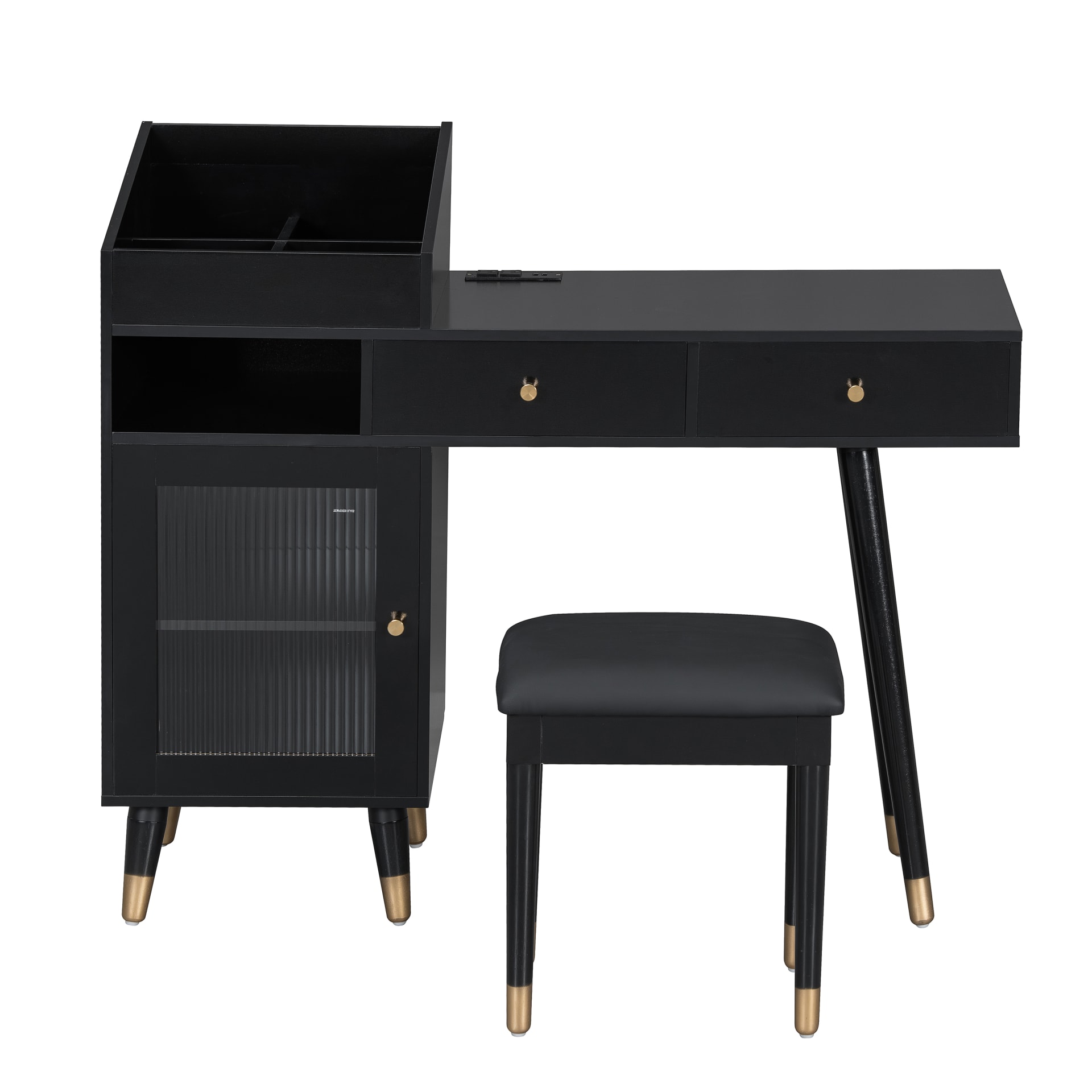 Modern Makeup Vanity Desk With Drawers, Cabinet & Charging Port, Space-saving Dressing Table Set With Stool For Small Places, Black view 4