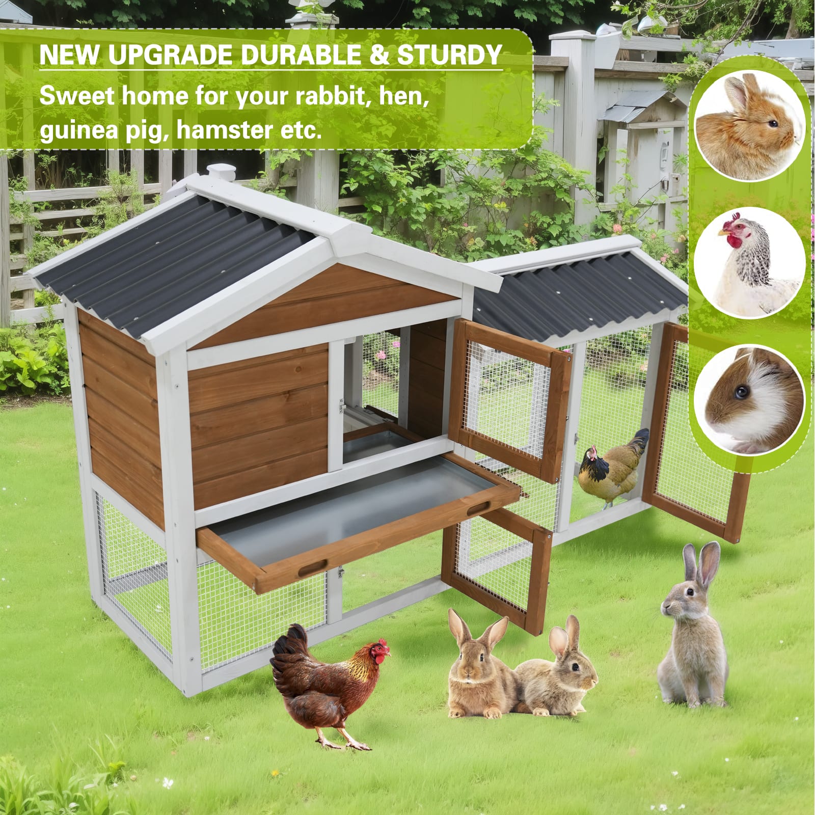 58  Wooden Outdoor Indoor Roof Waterproof Bunny Hutch Rabbit Cage Guinea Pig Coop PET House For Small To Medium Animals With Stairs And Cleaning Tray view 4