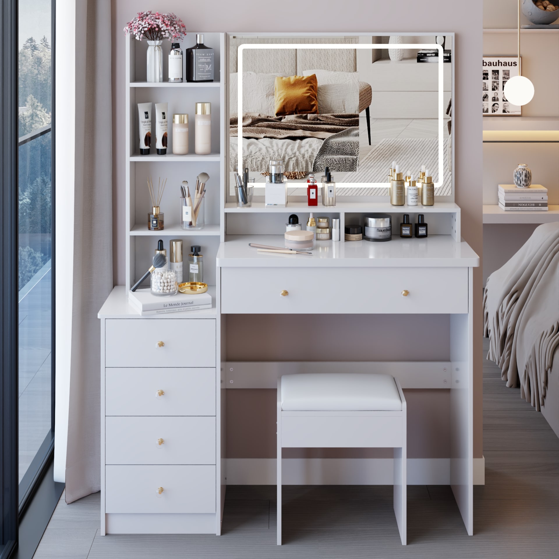 41  Large Sized Bedside Cabinet Vanity Table   Cushioned Stool, Extra Large Touch Control LED Mirror, 3-color Switch, Multi Layer High Capacity Storage Fashionable Dresser, EPA, GCC, UL Certificate view 1