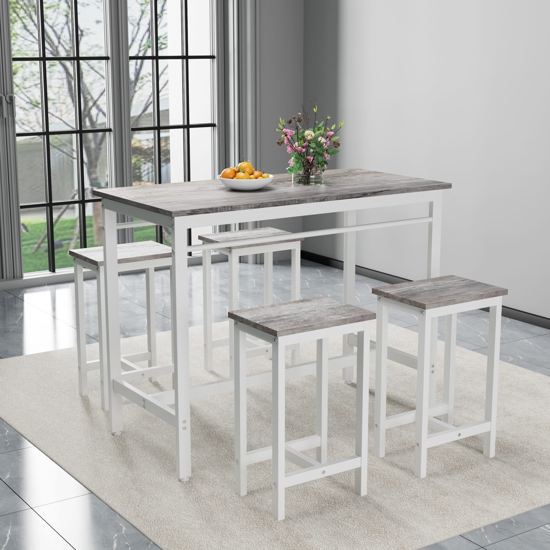 5-piece Modern Kitchen Table With Four Bar Stools Bar Table Set 5PC,metal Frame And MDF, White Oak,47.5  L X 23.7  W X 35.5  H. view 3