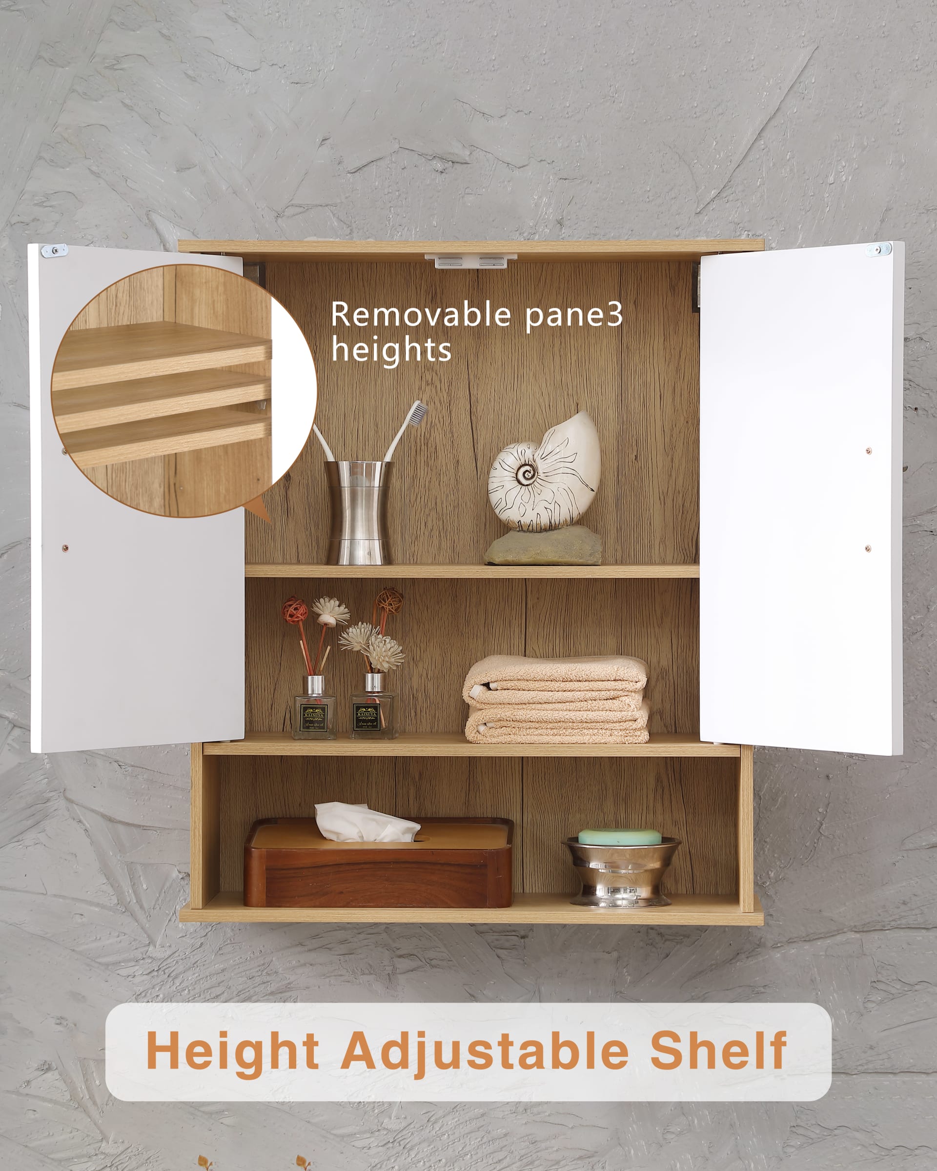 Bathroom Wall Cabinet With Double - Door, Bottom Shelf, Wavy - Patterned Doors, Adjustable Inner Shelf, Easy Installation, White & Natural Wood view 3
