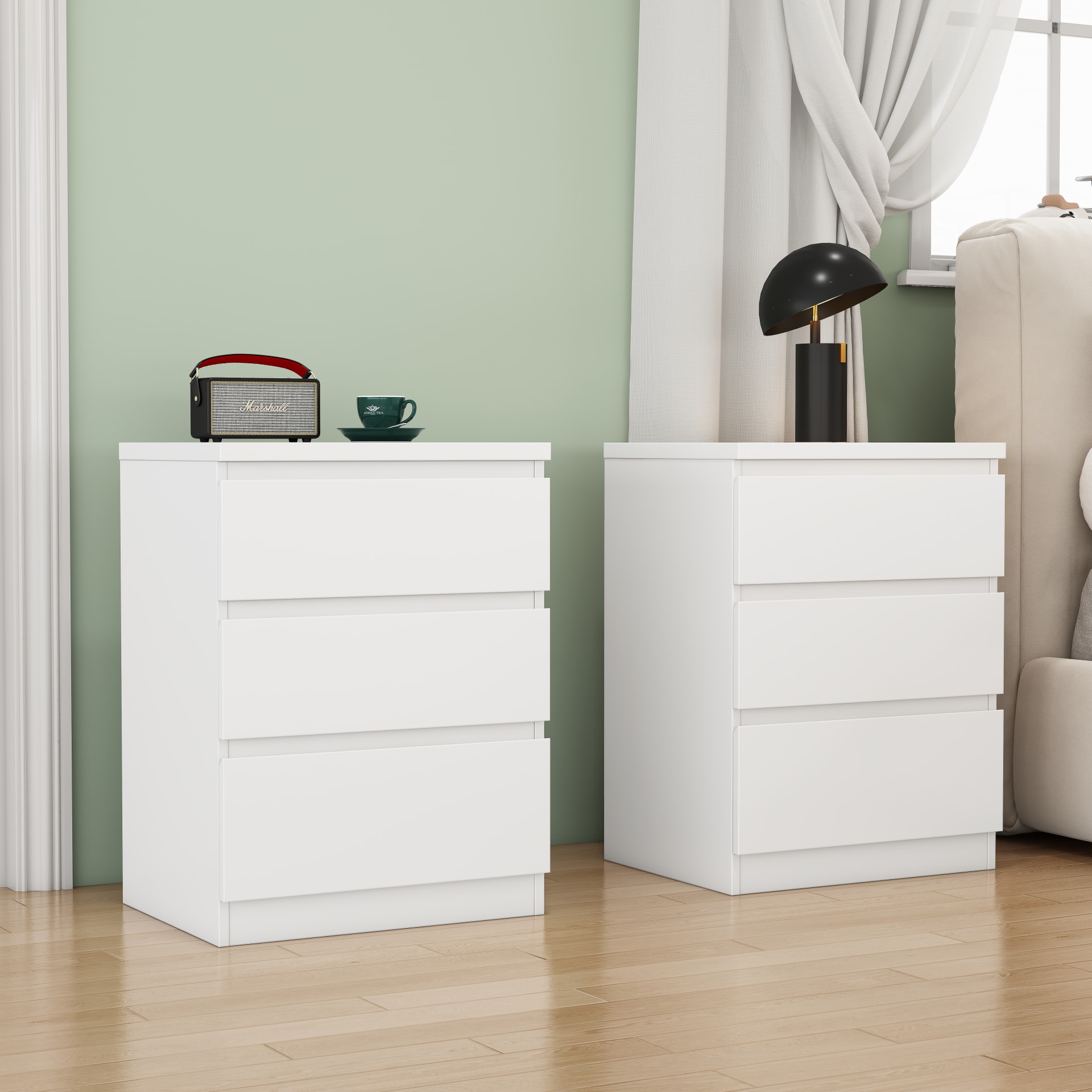 19.7-Inch White Nightstand With 3 Drawers,Set Of 2,Beside Table With Drawers Handle Free Design,Thickened Top Plate,Small Side Table Storage Cabinet 3 Drawer Night Stand For Bedroom,Living Room view 2