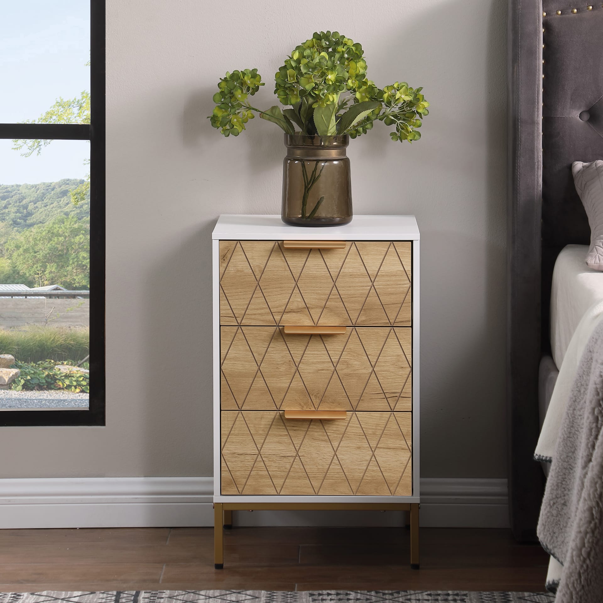 Nightstand With 3 Drawers, Mid-Century Modern End Table,Gold MetalFeet, Gold Metal Handles , Drawer Panels Are Shaped By Cutting Lines,End Table For Bedroom,White And Natural view 1