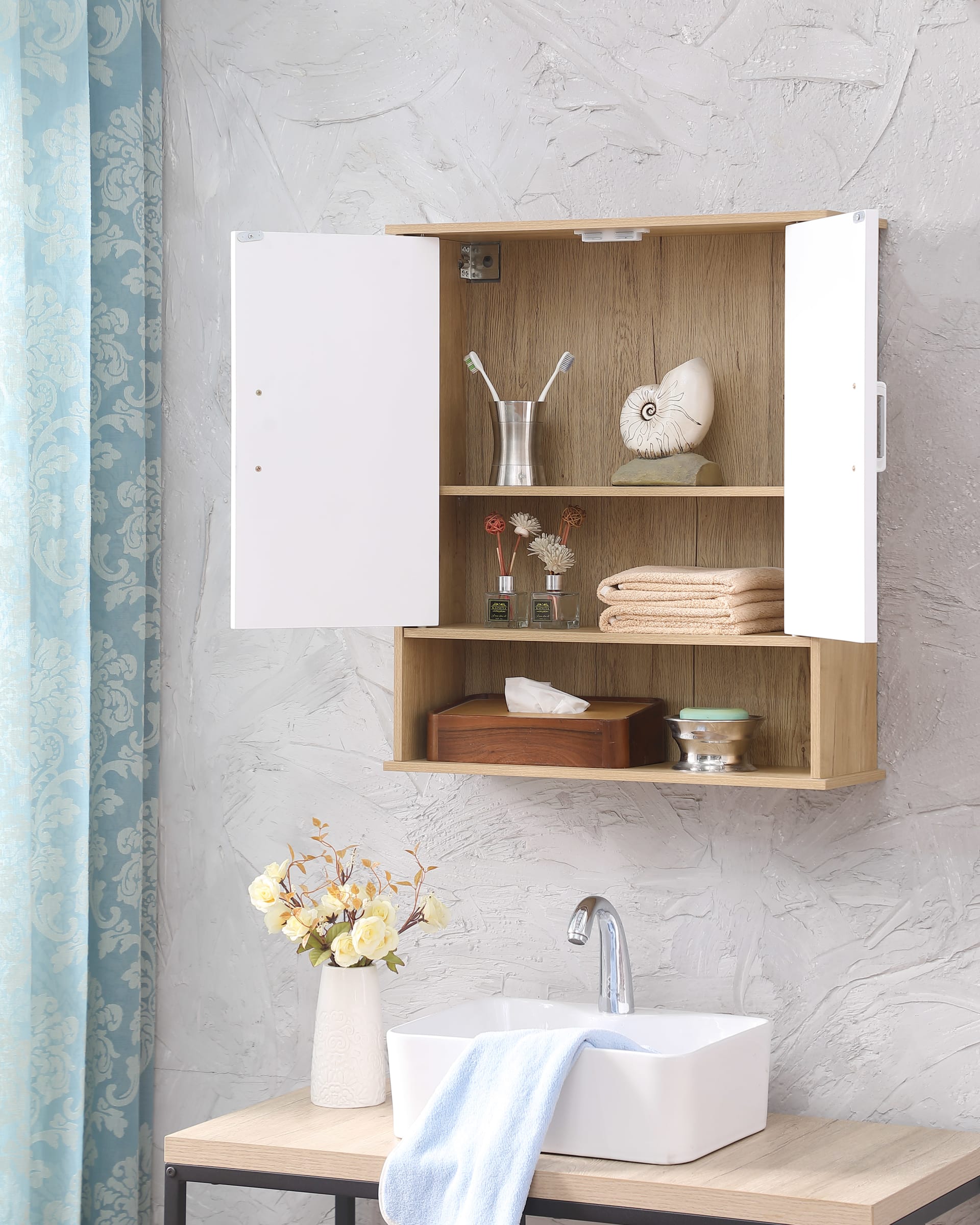 Bathroom Wall Cabinet With Double - Door, Bottom Shelf, Wavy - Patterned Doors, Adjustable Inner Shelf, Easy Installation, White & Natural Wood view 5