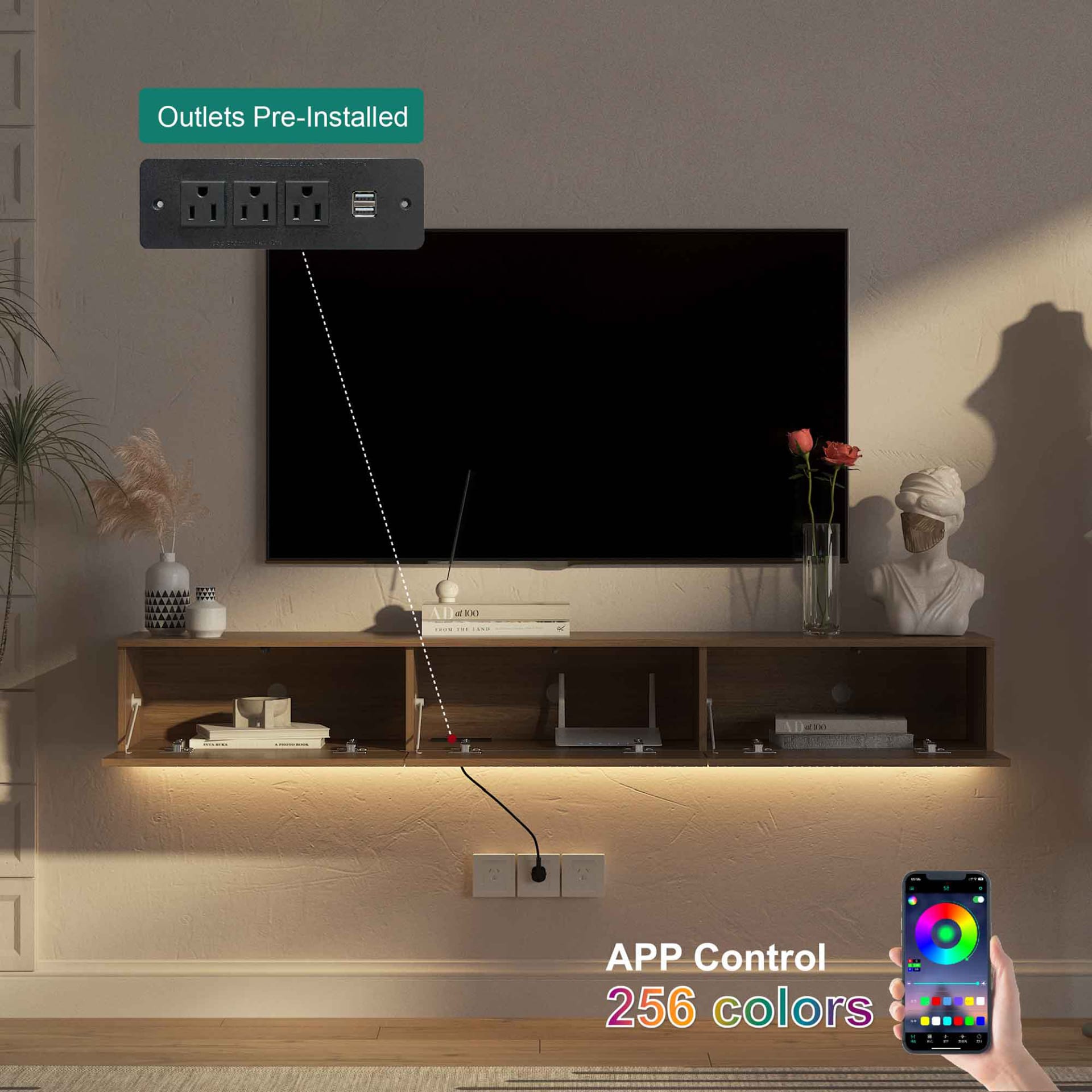 Floating TV Stand Wall Mounted With 16 Color LEDs,67  Modern TV Stand, Floating TV Cabinet Entertainment Center For 55 60 65 Inch TV view 3
