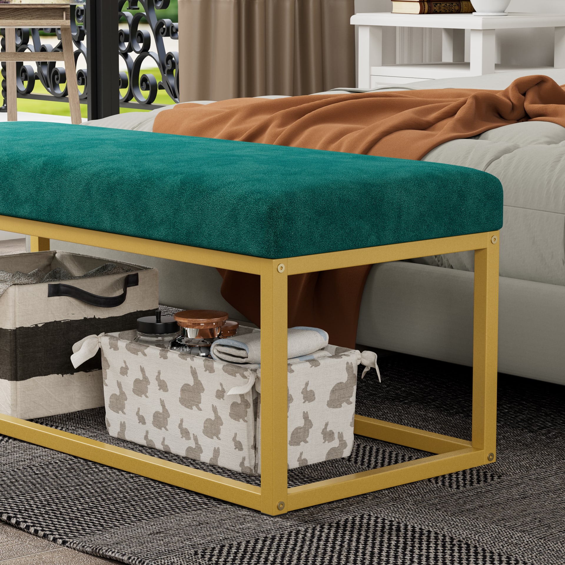 Storage Bench For Entryway, Bench With Steel Frame,, Synthetic Leather, Living Dining Room, Mid-Century Modern, Loads 600 Lb view 3