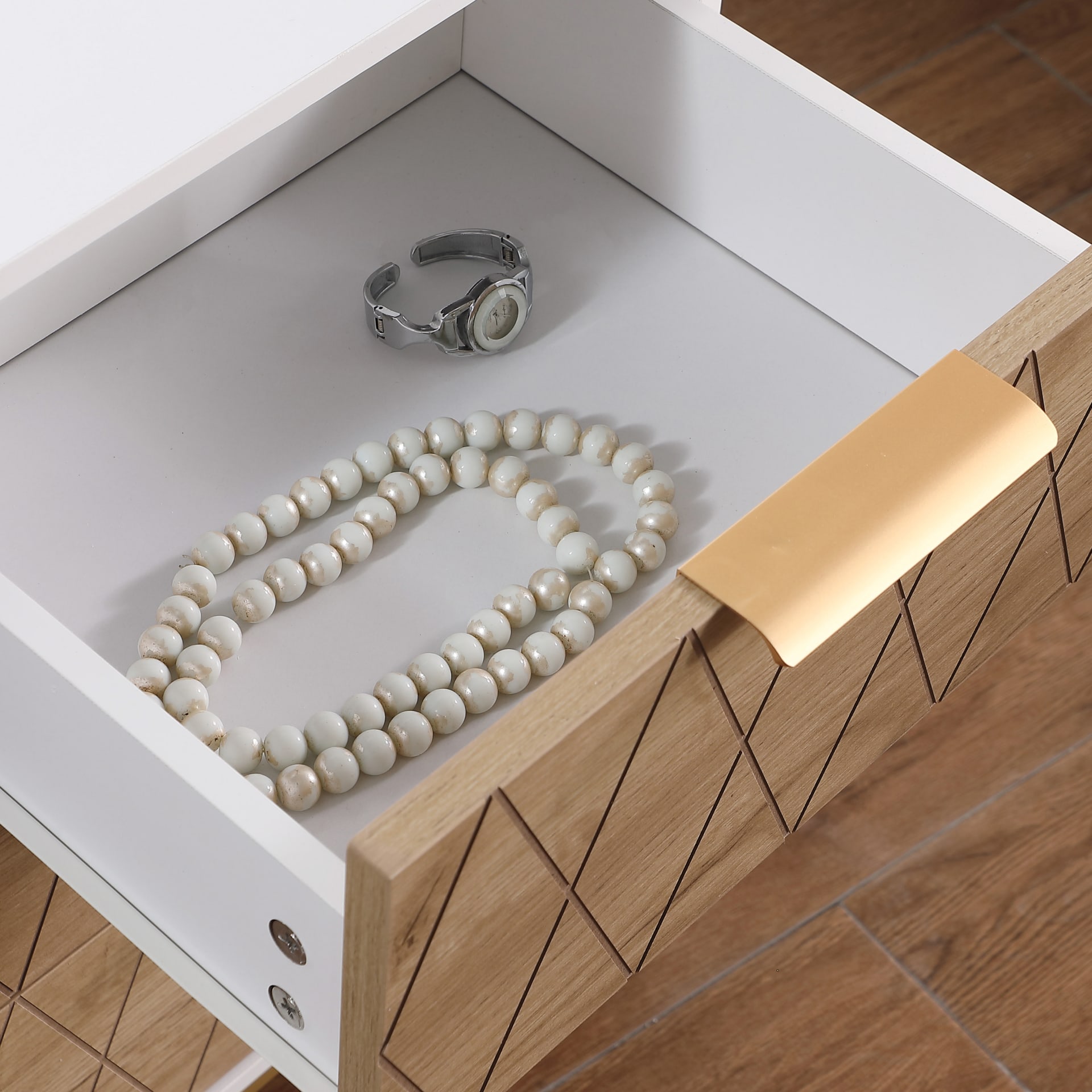Nightstand With 3 Drawers, Mid-Century Modern End Table,Gold MetalFeet, Gold Metal Handles , Drawer Panels Are Shaped By Cutting Lines,End Table For Bedroom,White And Natural view 5