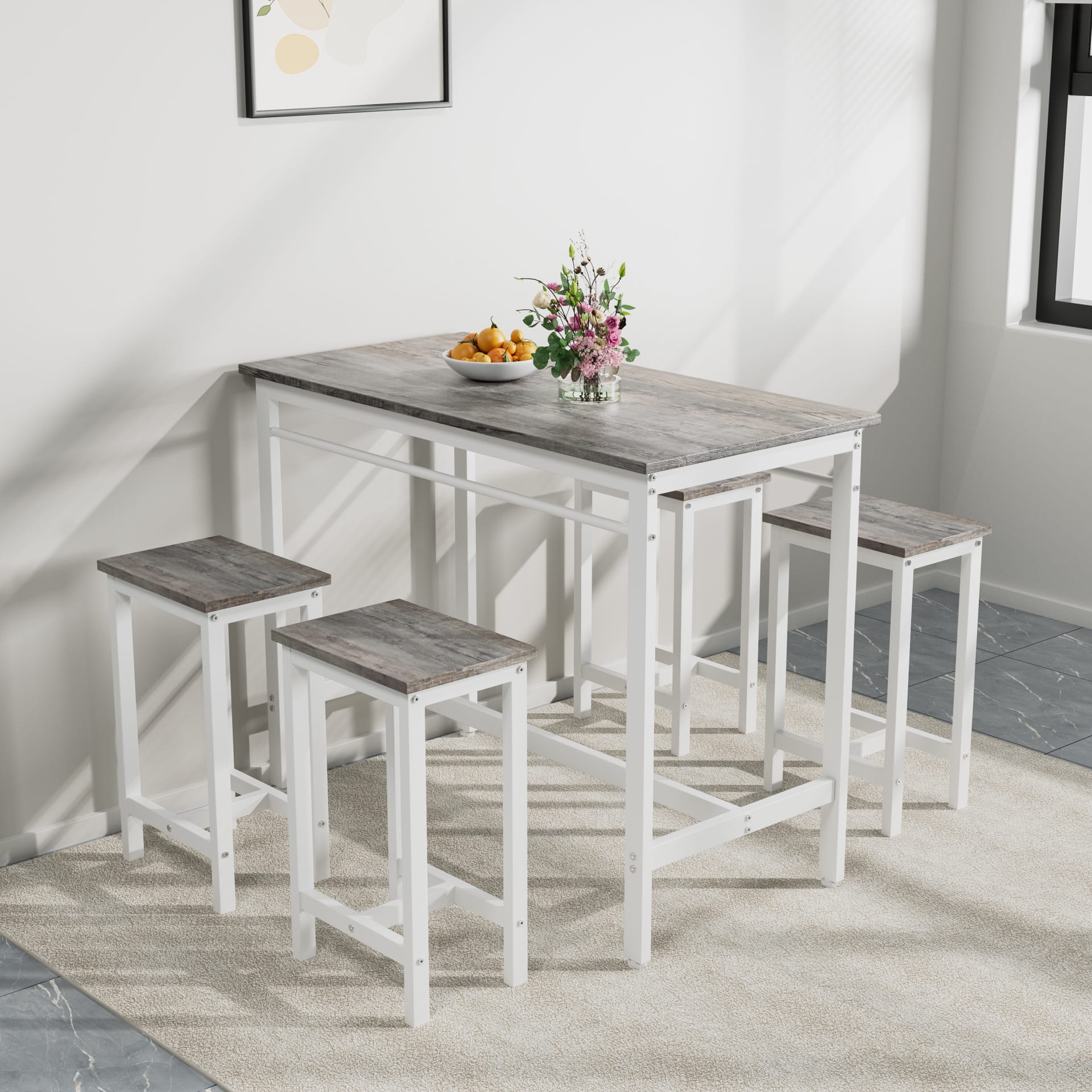 5-piece Modern Kitchen Table With Four Bar Stools Bar Table Set 5PC,metal Frame And MDF, White Oak,47.5  L X 23.7  W X 35.5  H. view 5
