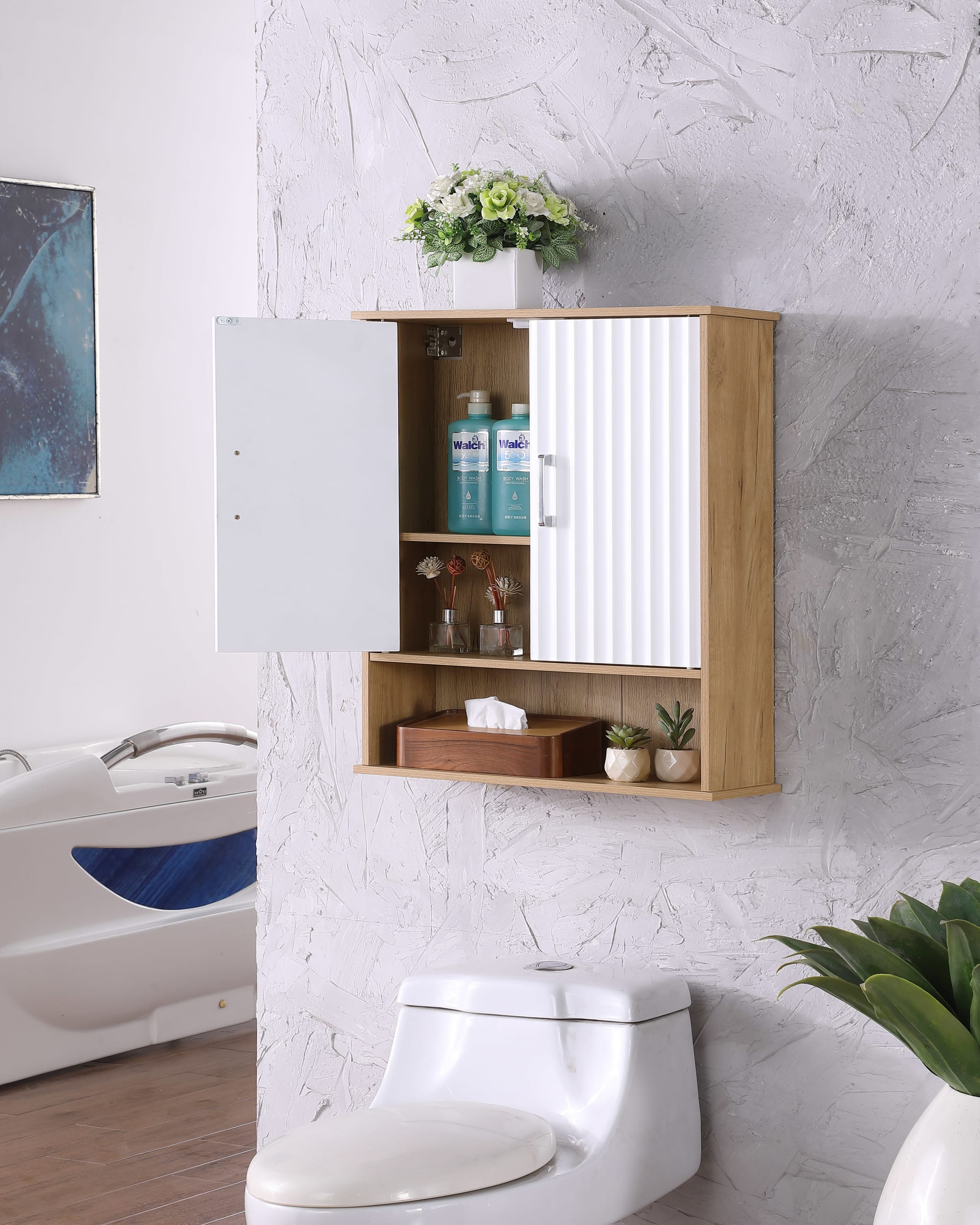Bathroom Wall Cabinet With Double - Door, Bottom Shelf, Wavy - Patterned Doors, Adjustable Inner Shelf, Easy Installation, White & Natural Wood view 2