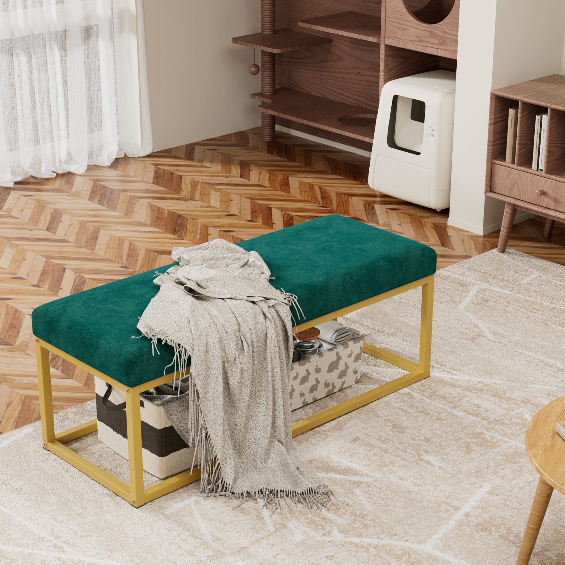 Storage Bench For Entryway, Bench With Steel Frame,, Synthetic Leather, Living Dining Room, Mid-Century Modern, Loads 600 Lb view 1