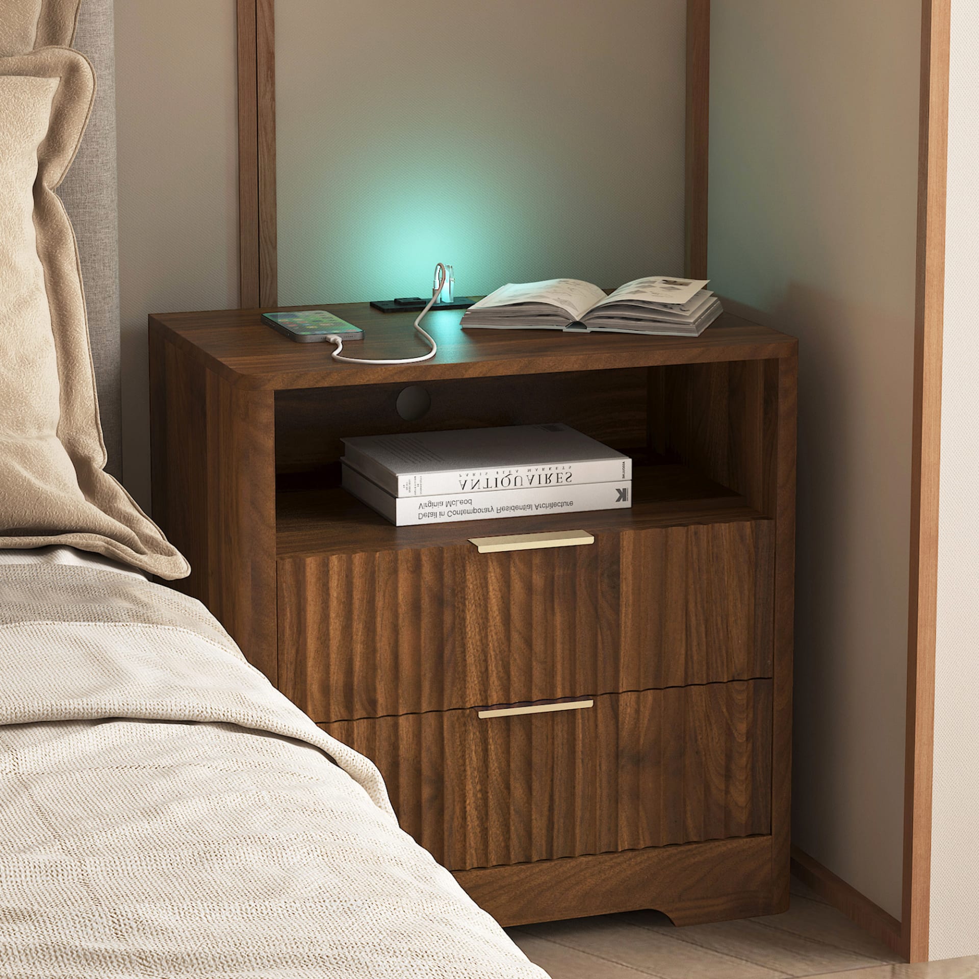 Nightstand With Charging Station, Smart Nightstand With Night Light,Bedside Tables With Storage Cabinet For Bedroom, Wood view 2