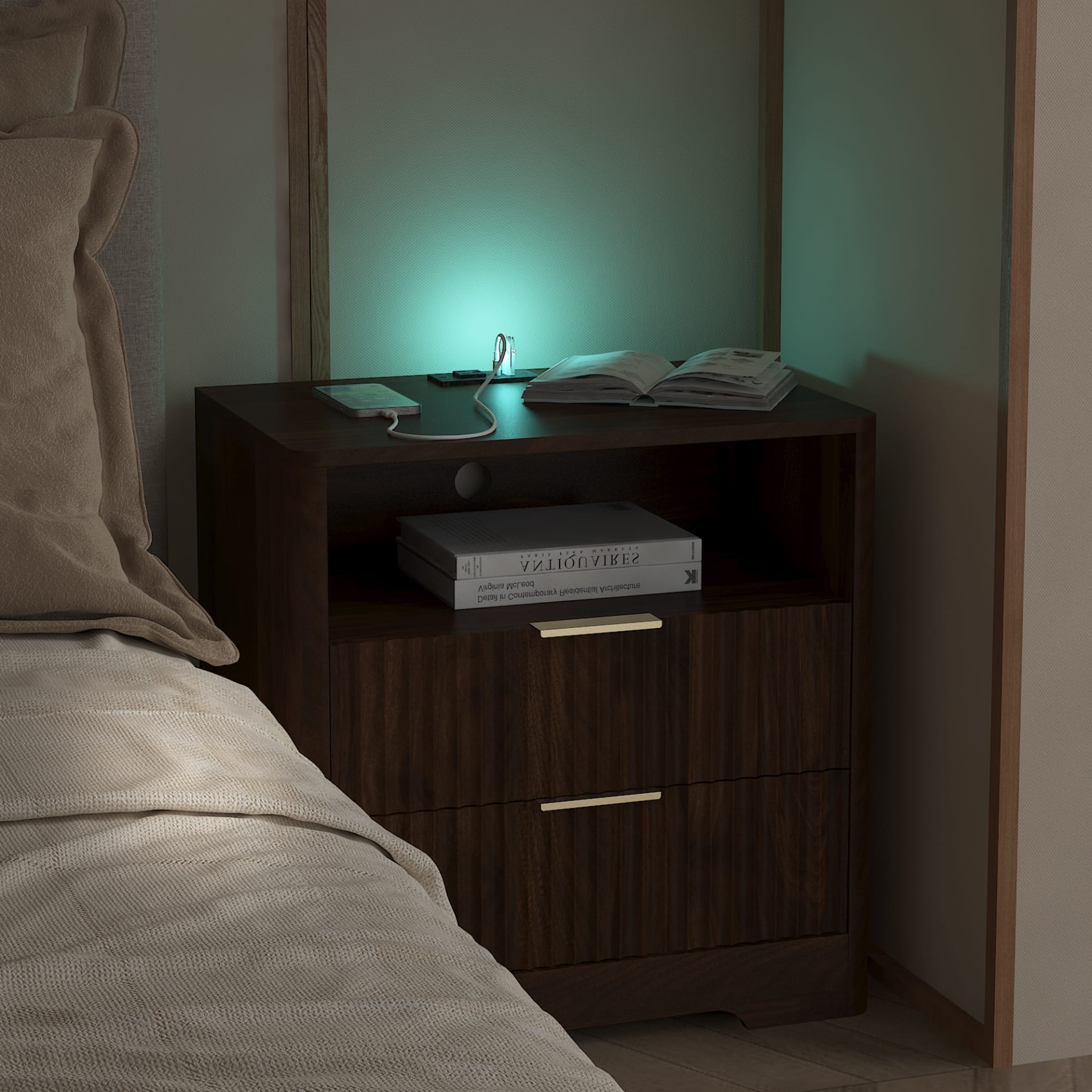 Nightstand With Charging Station, Smart Nightstand With Night Light,Bedside Tables With Storage Cabinet For Bedroom, Wood view 1
