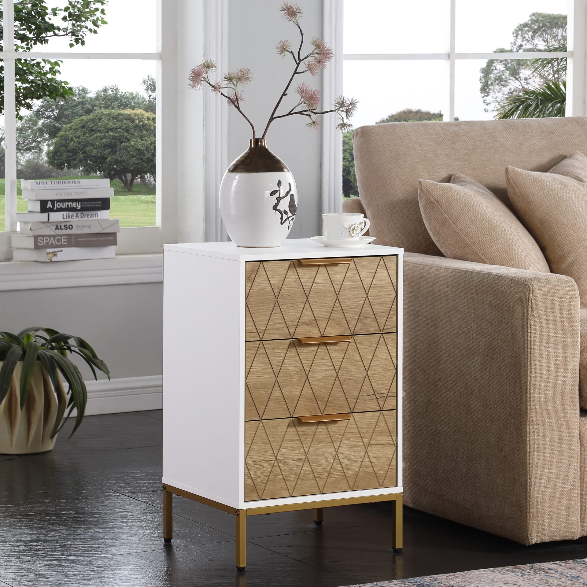Nightstand With 3 Drawers, Mid-Century Modern End Table,Gold MetalFeet, Gold Metal Handles , Drawer Panels Are Shaped By Cutting Lines,End Table For Bedroom,White And Natural view 3