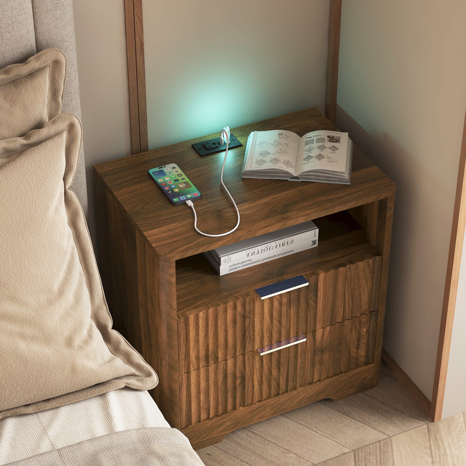 Nightstand With Charging Station, Smart Nightstand With Night Light,Bedside Tables With Storage Cabinet For Bedroom, Wood view 5