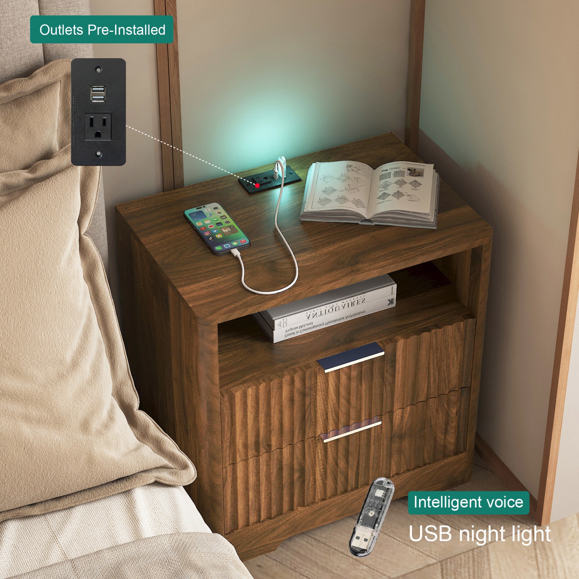 Nightstand With Charging Station, Smart Nightstand With Night Light,Bedside Tables With Storage Cabinet For Bedroom, Wood view 4