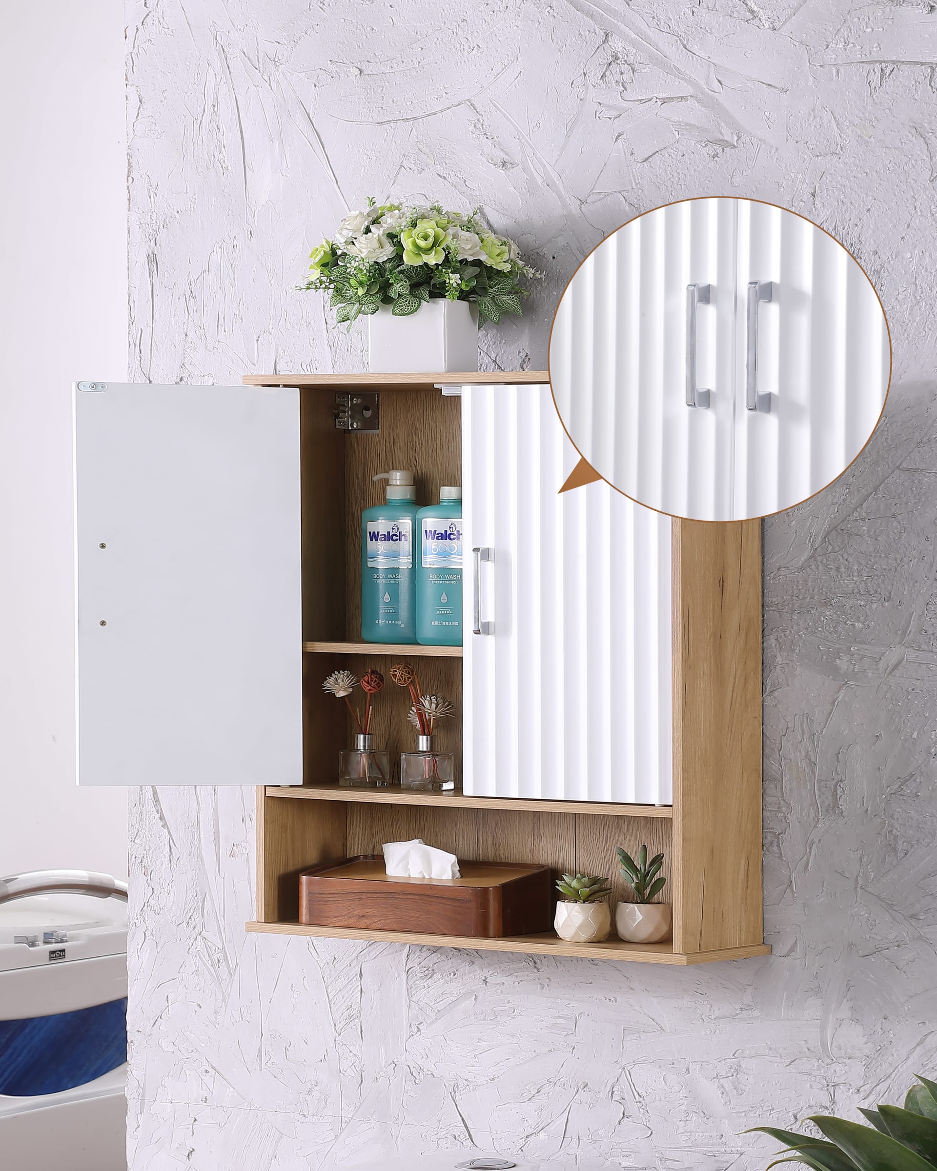 Bathroom Wall Cabinet With Double - Door, Bottom Shelf, Wavy - Patterned Doors, Adjustable Inner Shelf, Easy Installation, White & Natural Wood view 4