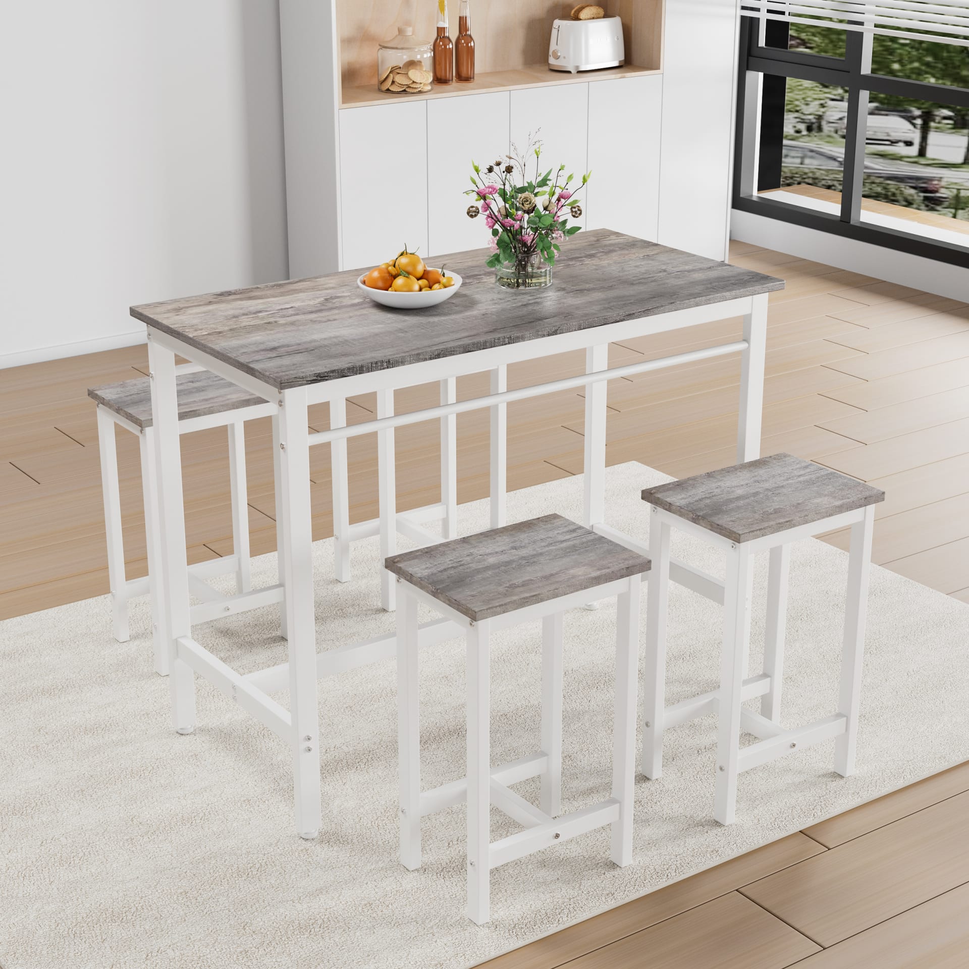 5-piece Modern Kitchen Table With Four Bar Stools Bar Table Set 5PC,metal Frame And MDF, White Oak,47.5  L X 23.7  W X 35.5  H. view 1