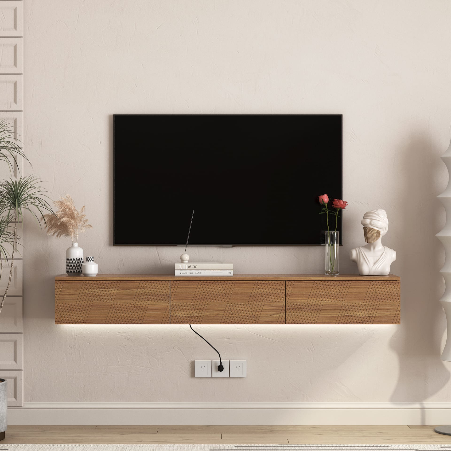 Floating TV Stand Wall Mounted With 16 Color LEDs,67 Modern TV Stand, Floating TV Cabinet Entertainment Center For 55 60 65 Inch TV