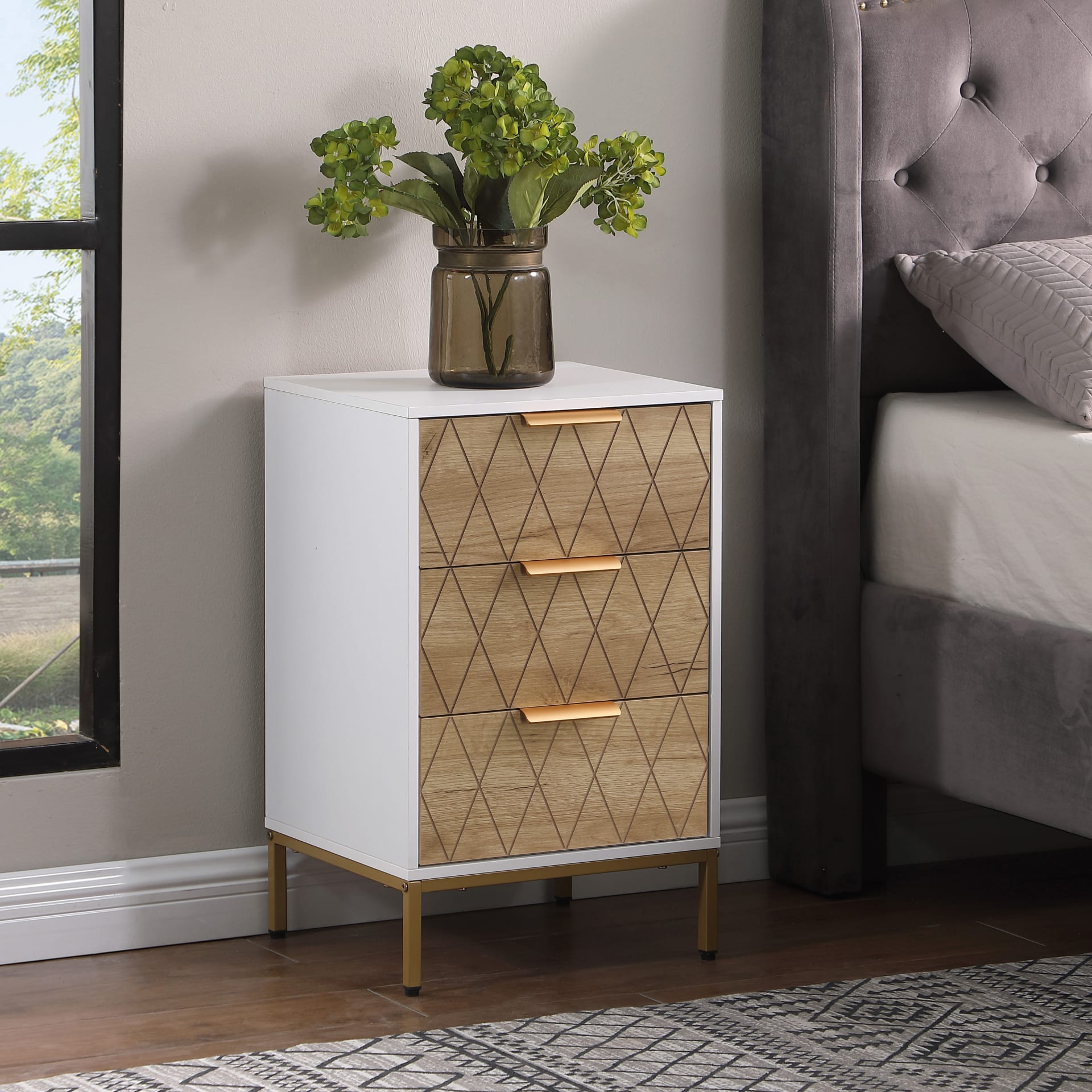 Nightstand With 3 Drawers, Mid-Century Modern End Table,Gold MetalFeet, Gold Metal Handles , Drawer Panels Are Shaped By Cutting Lines,End Table For Bedroom,White And Natural view 2