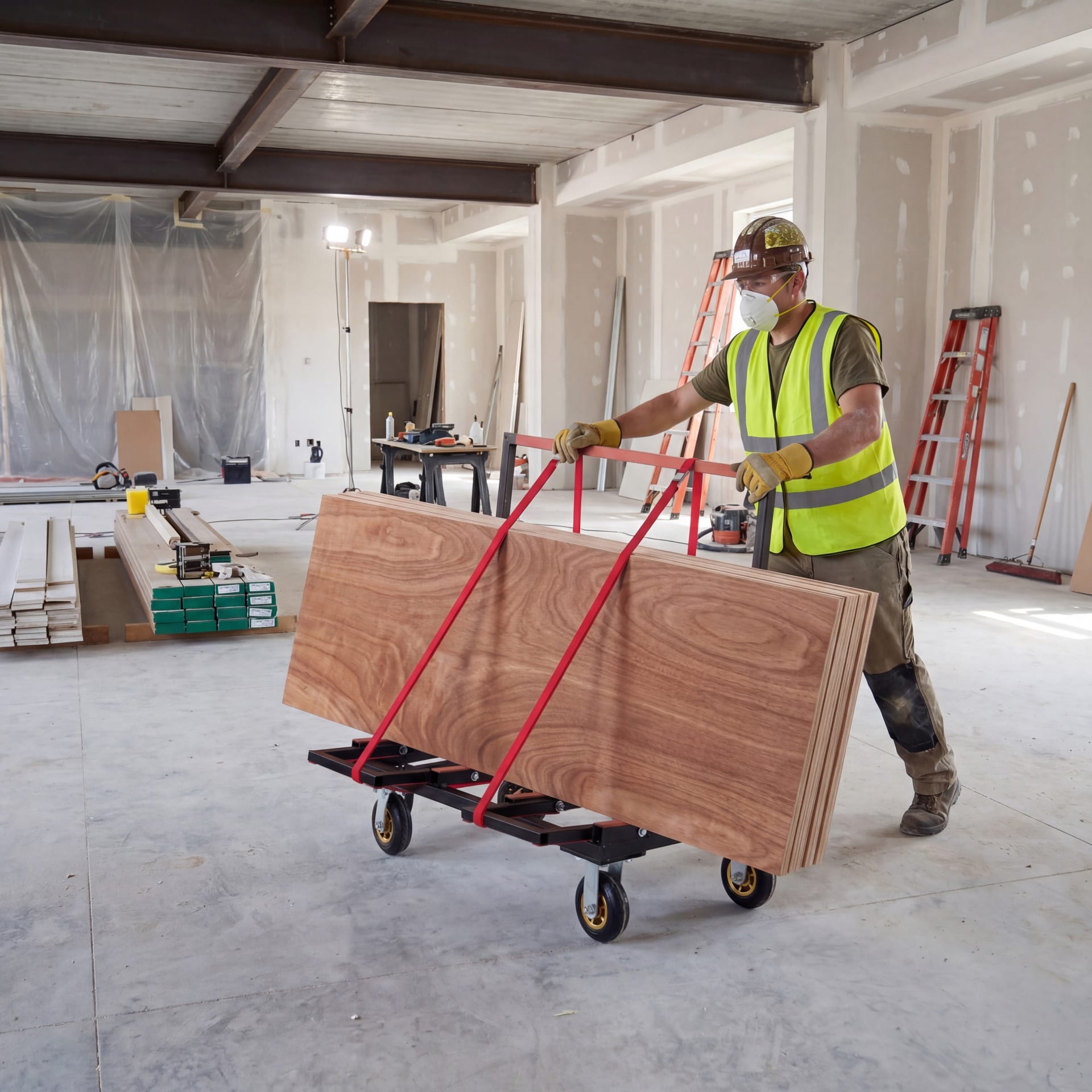 Folding Drywall Dolly With 4X6  Casters,  2000 LBS Load Capacity, Expandable Deck And Back Frame, Portable Panel Cart For Versatile Of Handling Plywood, Plasterboard, Glass With 2PCS Tie-Down Strapp view 5