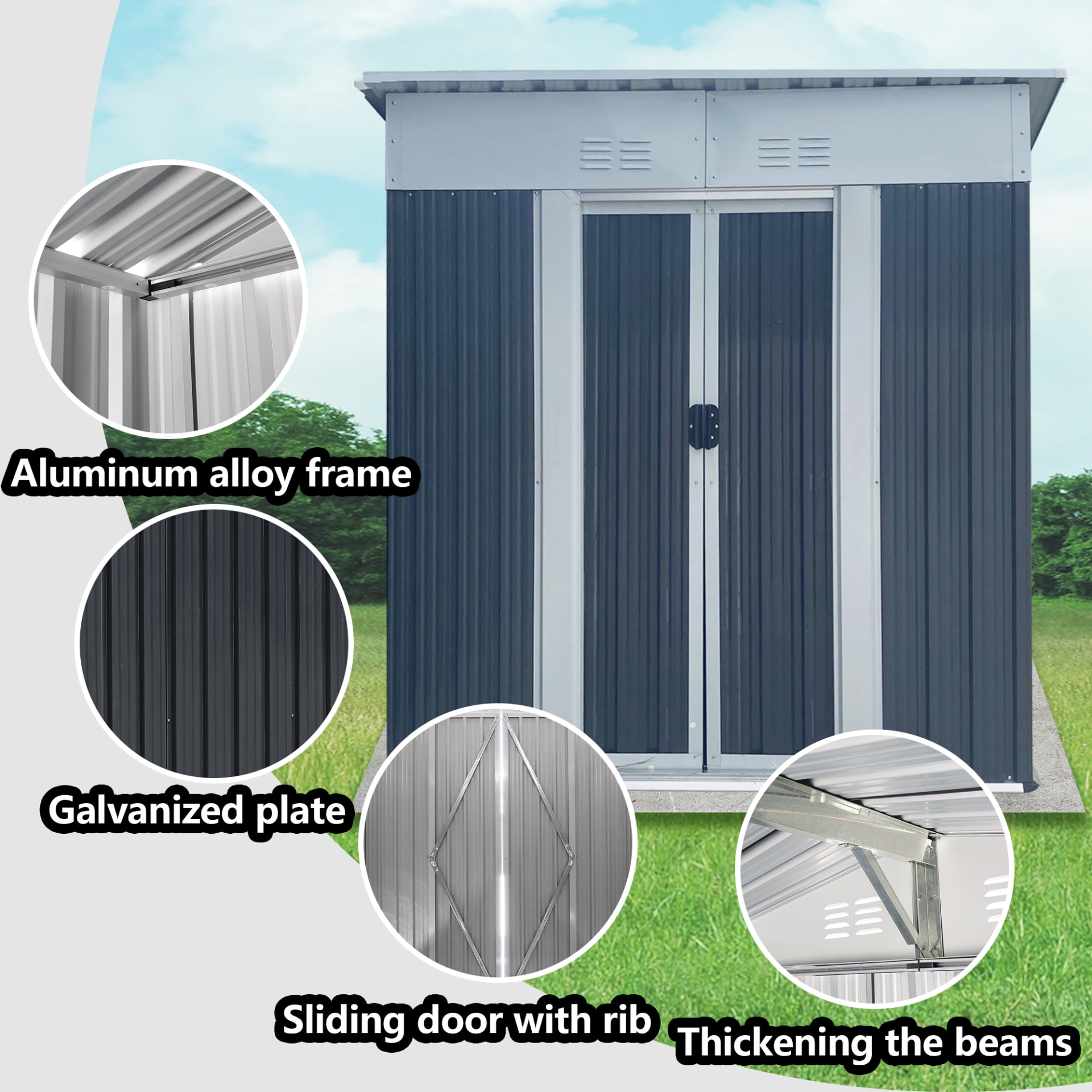 5FTx3FT Pent Roof Grey Outdoor Tool Bike Storage Garden Shed With Aluminum Alloy Frame And Sliding Door view 3